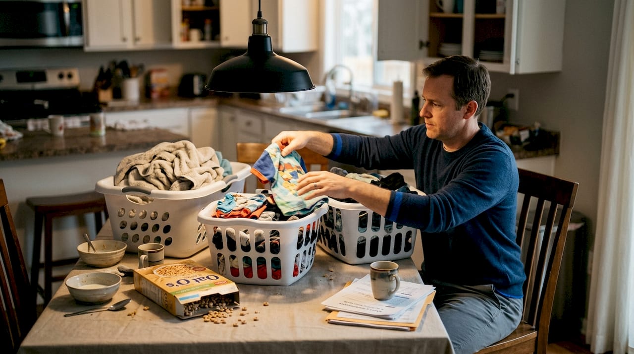 Father sorting family laundry at kitchen table