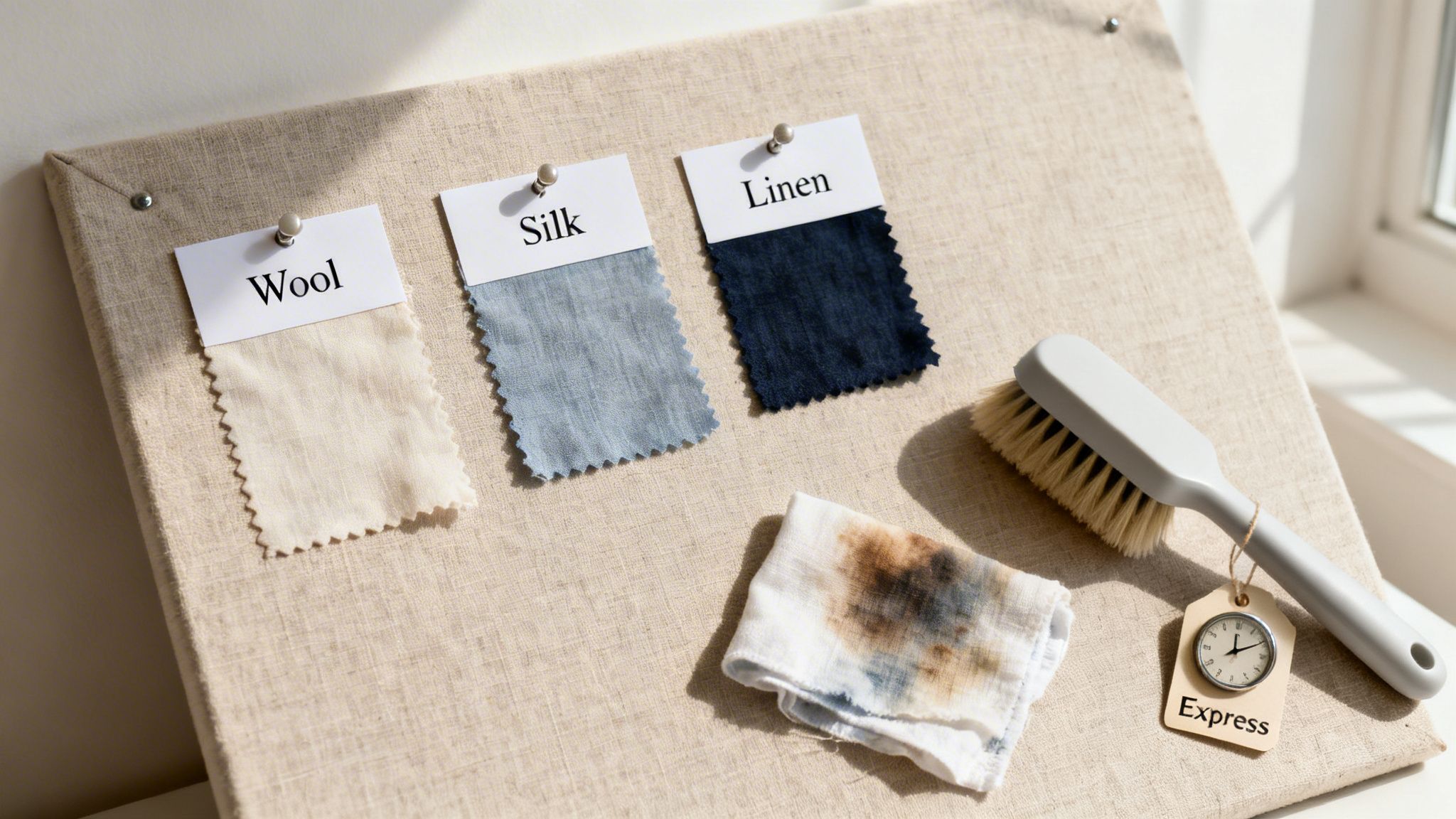 Fabric samples of wool, silk, and linen pinned to a board, next to a cleaning brush and a stained cloth.