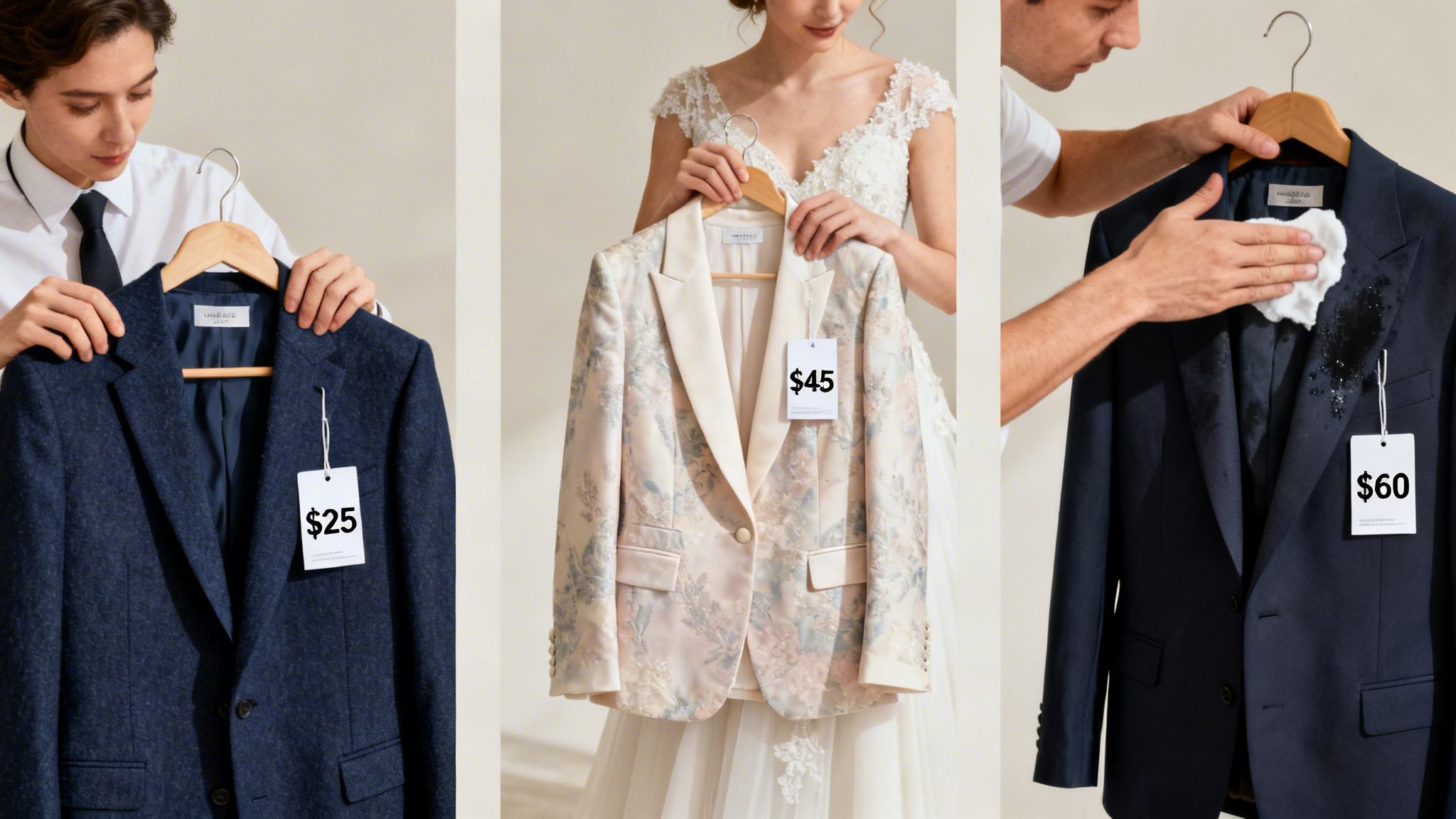 Three panels show people handling suit jackets with price tags, one having a visible stain being cleaned.