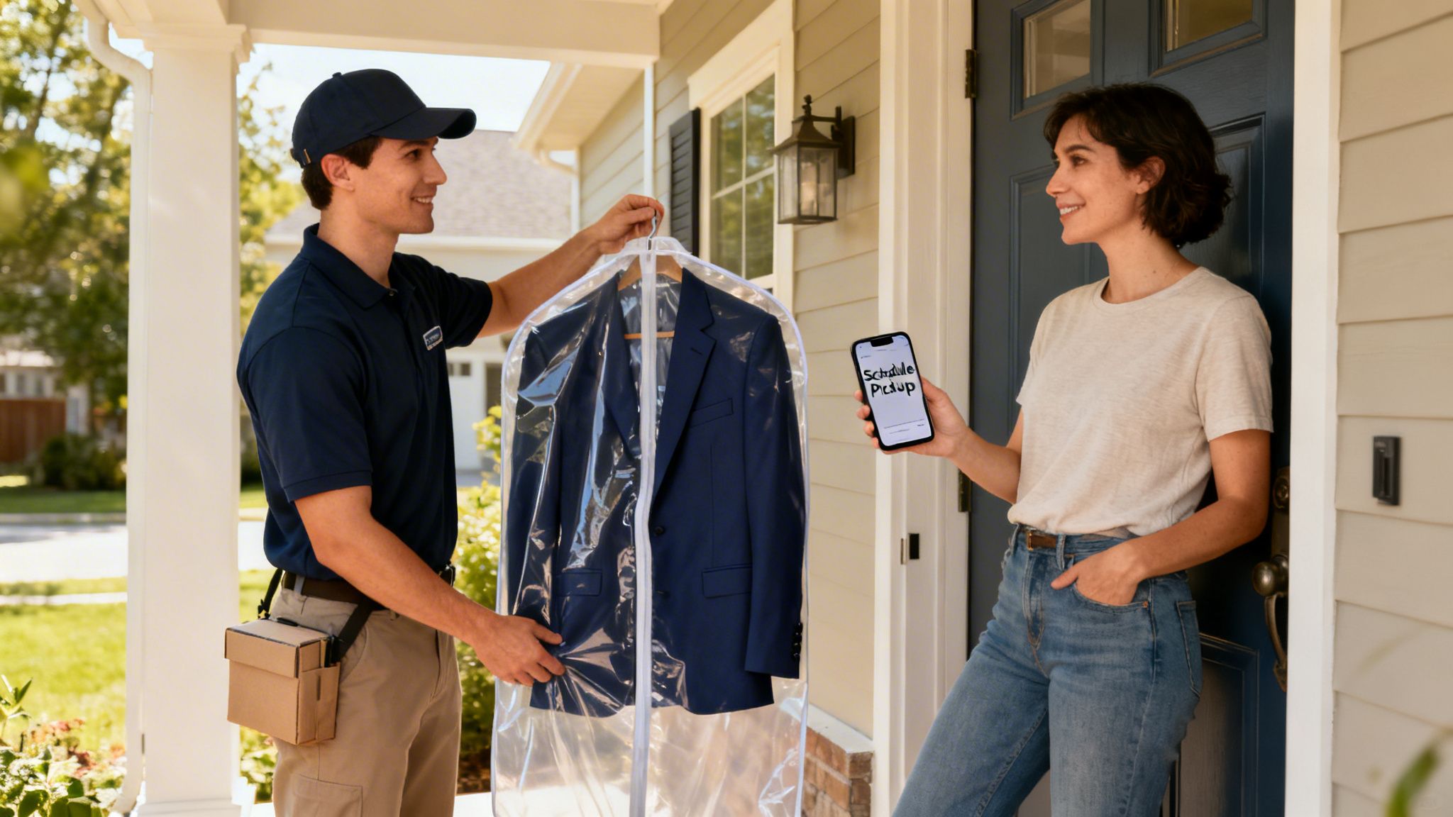 A delivery man hands a dry-cleaned suit to a smiling woman holding a phone displaying 'Schedule Pickup'.