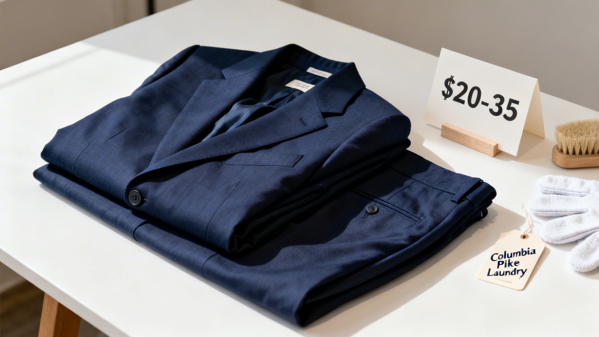 A neatly folded navy blue suit and trousers on a white table with a laundry price sign.