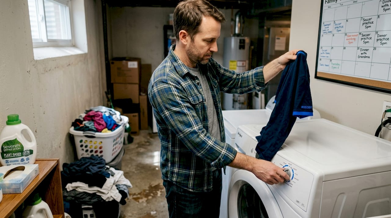 Man setting washing machine to cold setting