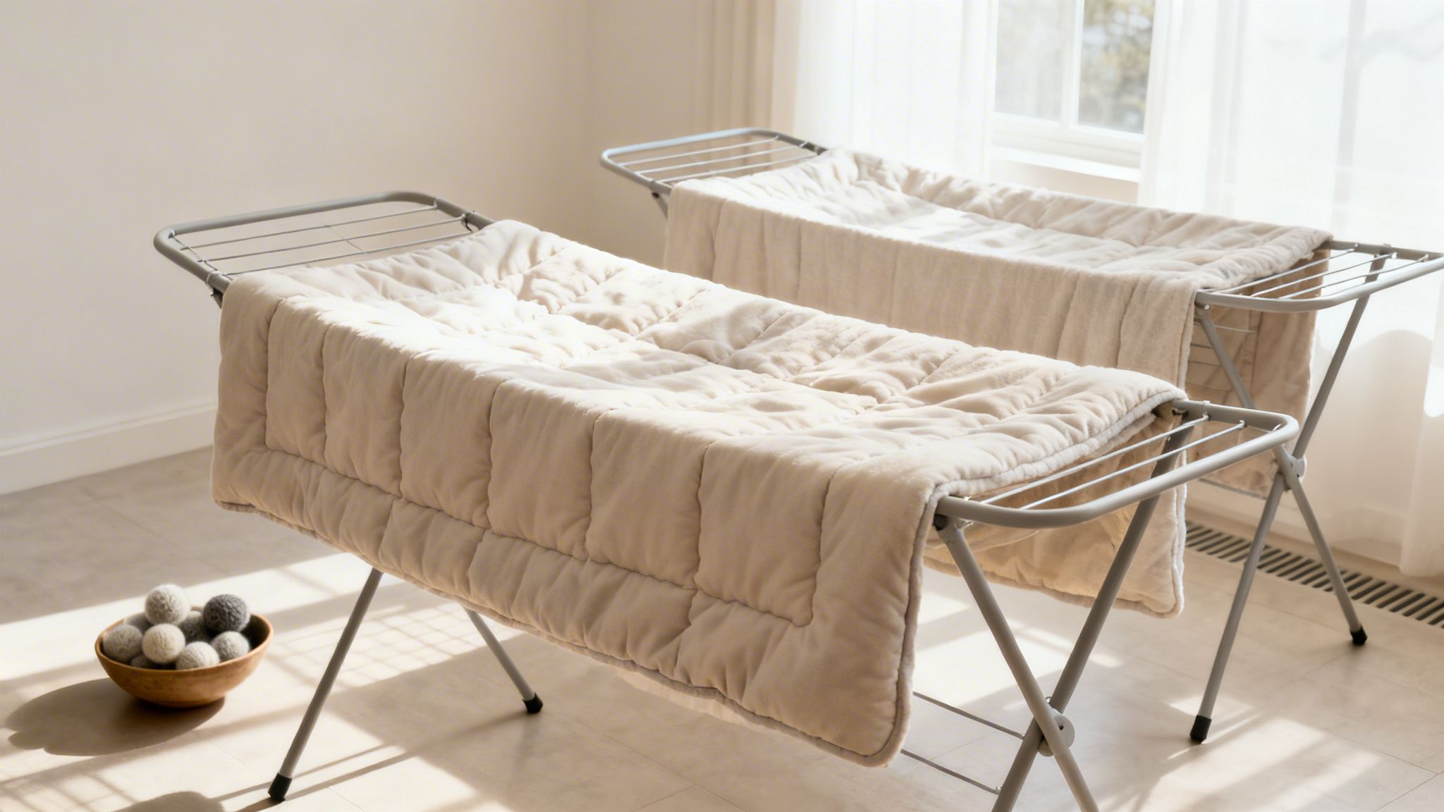 Two light-colored quilted blankets are drying on clothes racks in a bright, sunny room. A bowl of felt balls sits on the floor.