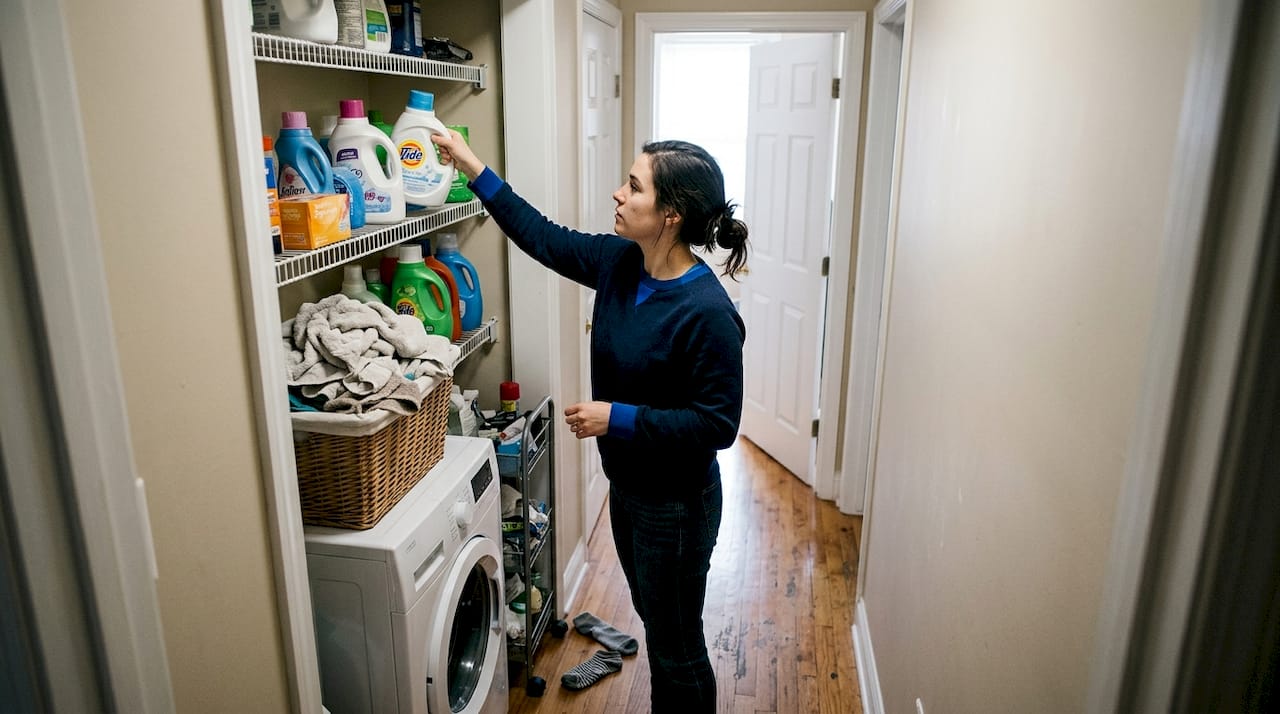 Laundry storage in small Arlington apartment hallway