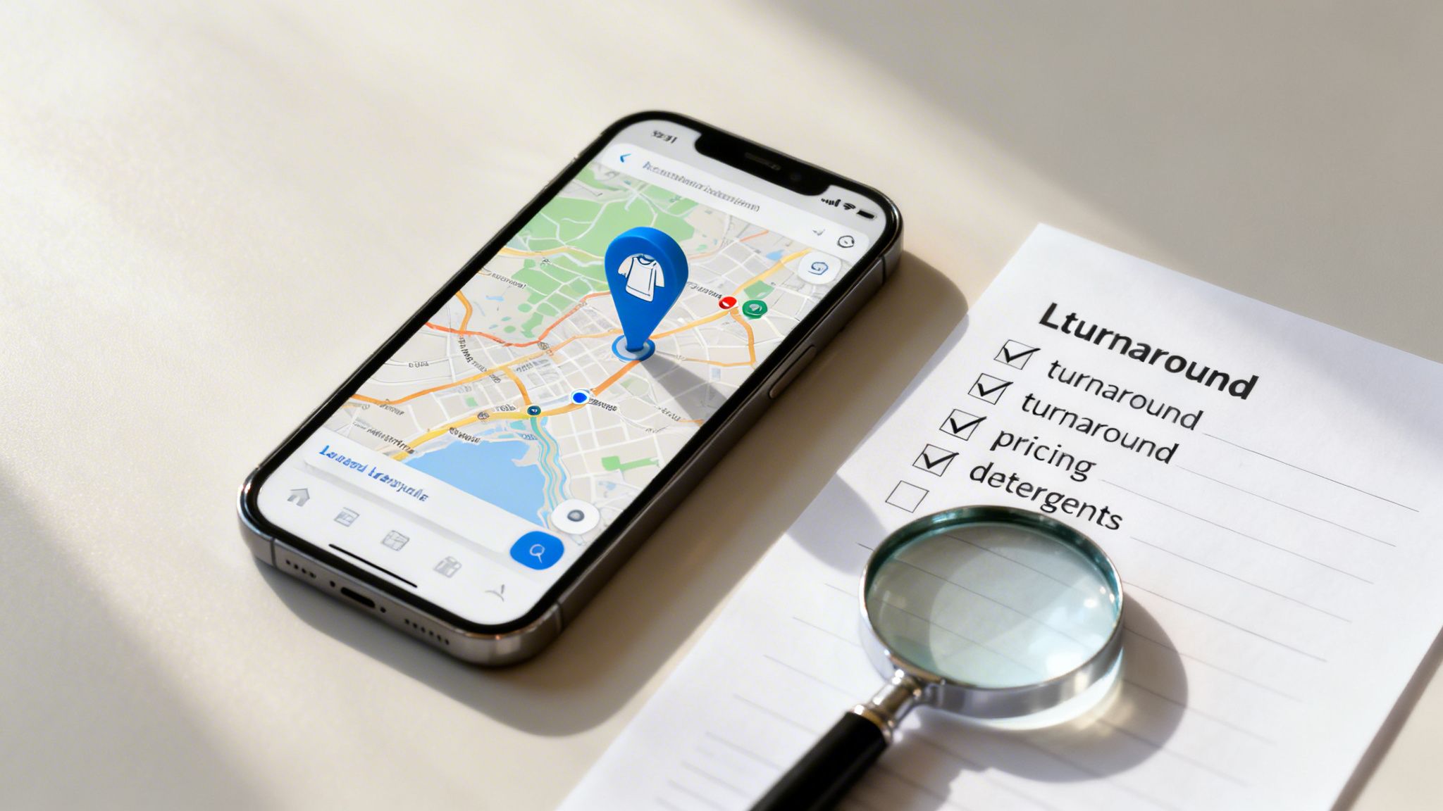 A smartphone displays a map with a laundry service location pin, next to a checklist and magnifying glass.