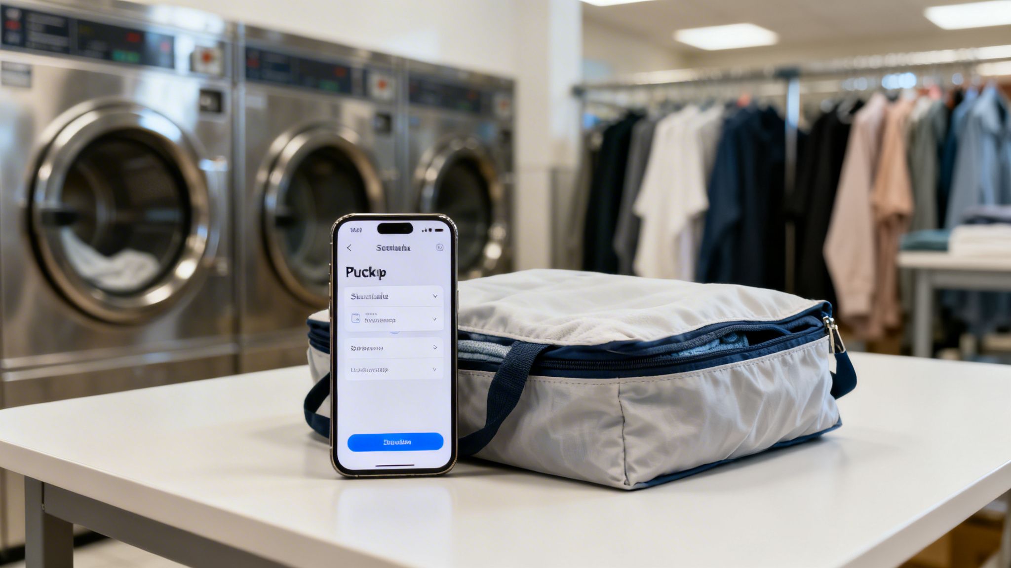 A smartphone displaying a 'Puckup' laundry app next to a packing cube in a modern laundromat.