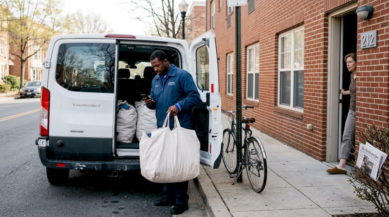 Laundry service unloading bags at apartment