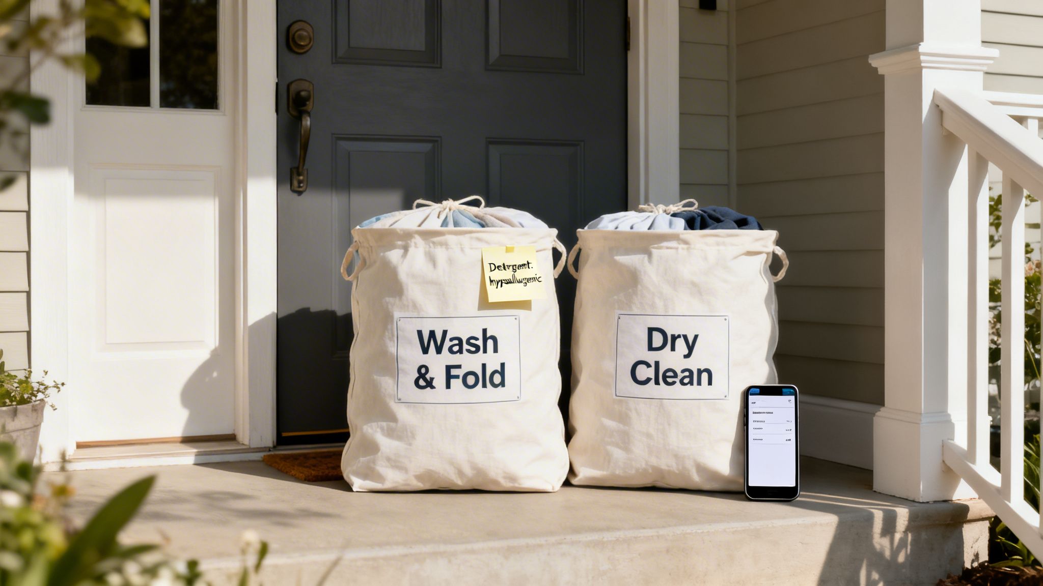 Two labeled laundry bags, one with a "hypoallergenic" note, and a smartphone on a porch.