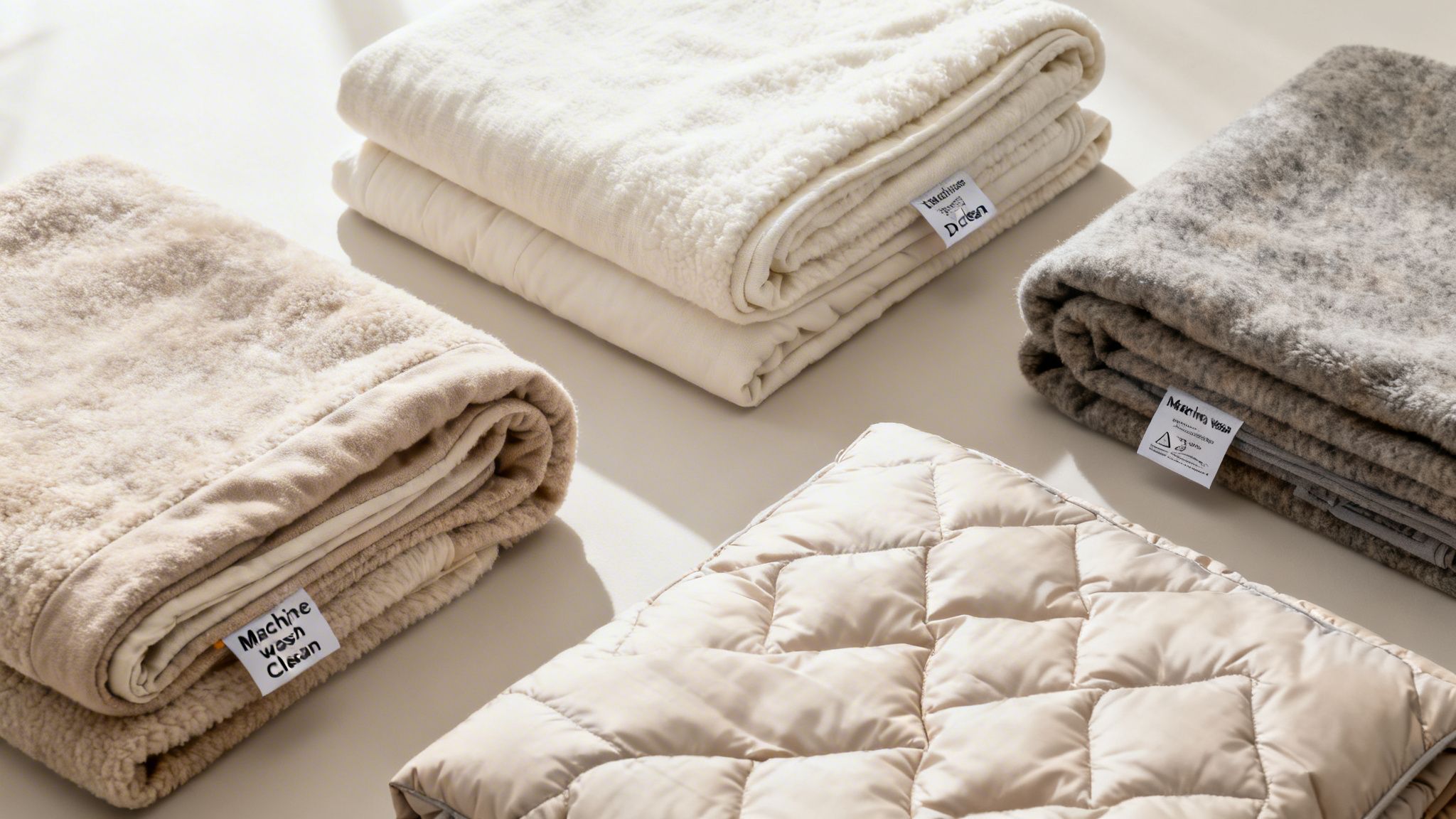Several cozy, folded blankets in neutral tones with visible care labels, ready for laundry.