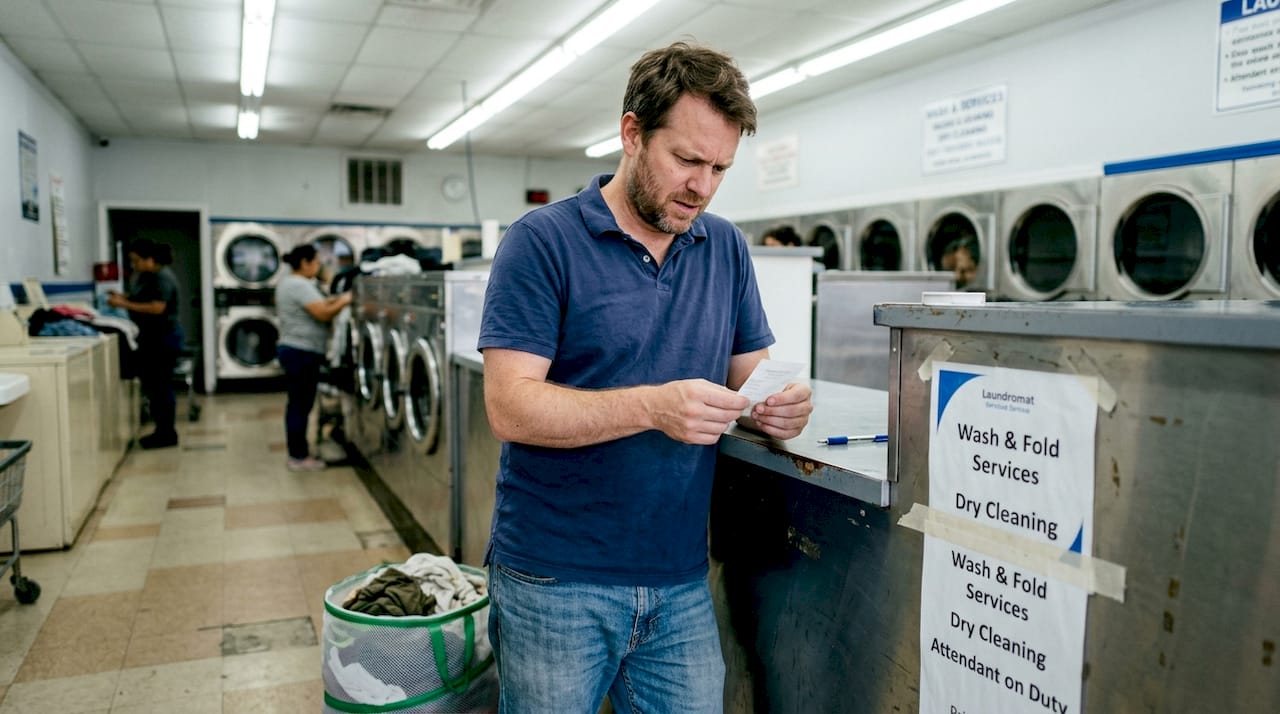 Man reviewing laundry receipt at laundromat