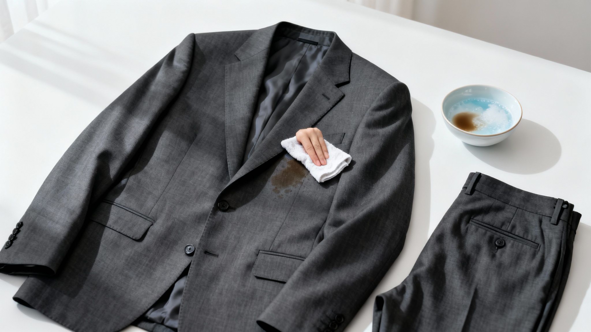 A person using a lint roller on a dark suit jacket to prepare it for washing.