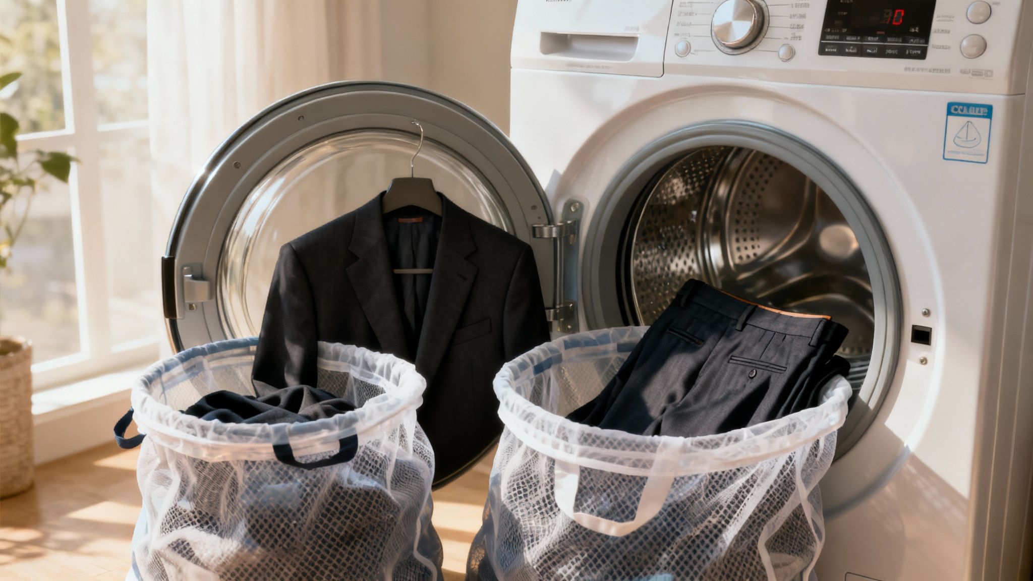 A person placing a suit jacket inside a white mesh laundry bag next to a modern washing machine.