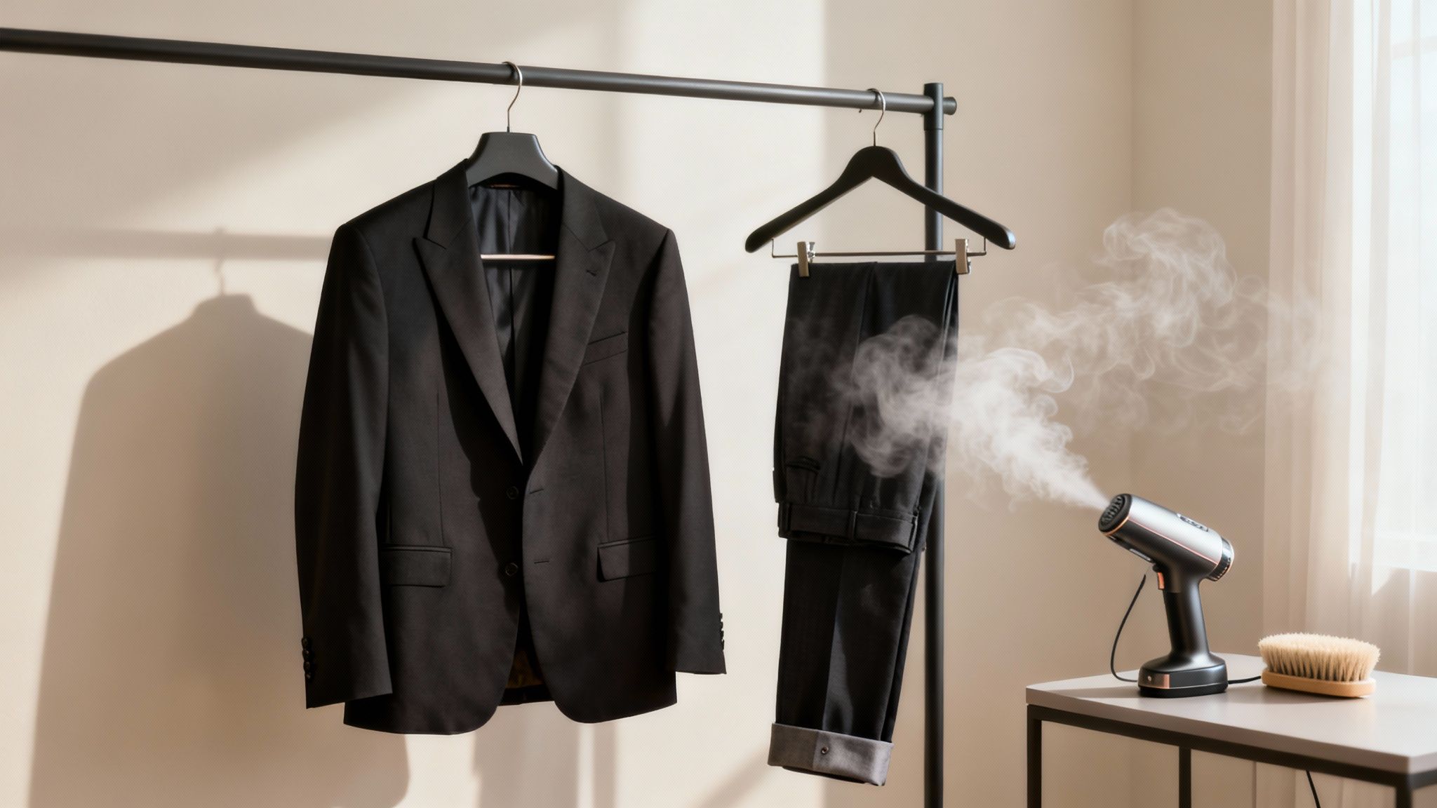 A person steaming a grey suit jacket hanging on a hanger.