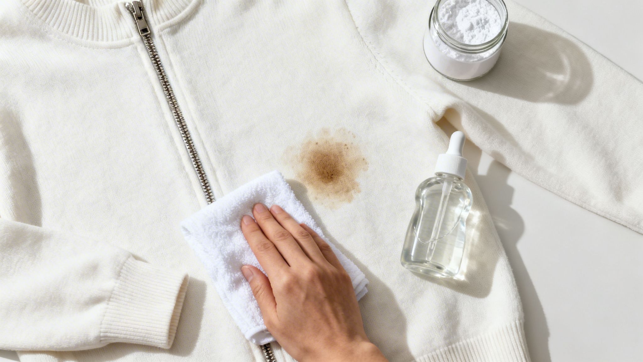 A hand cleaning a brown stain on a white zip-up sweater with a cloth, powder, and liquid.