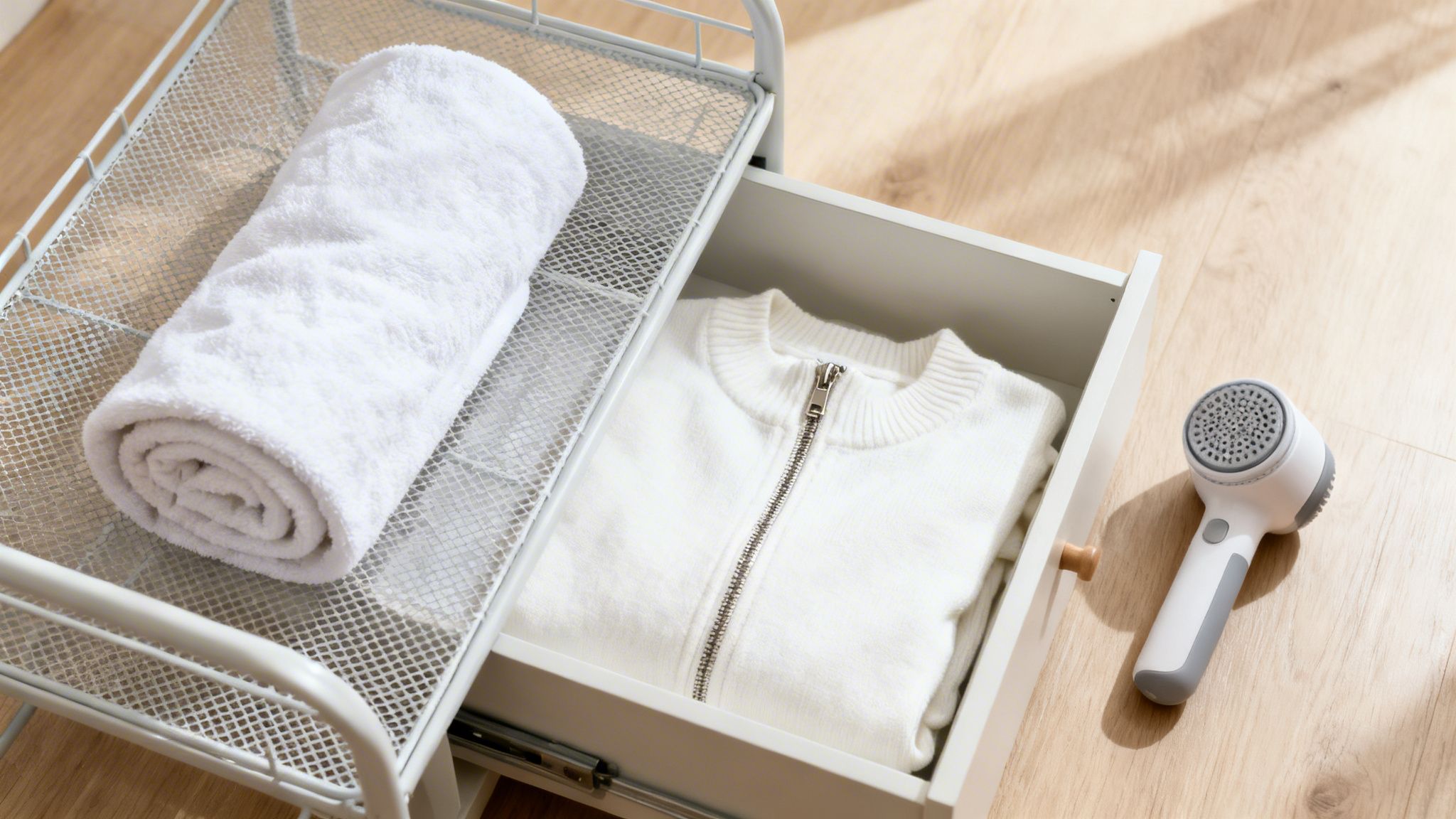 A neatly organized scene with a rolled white towel, a folded white zip-up sweater, and a lint remover on a wooden floor.