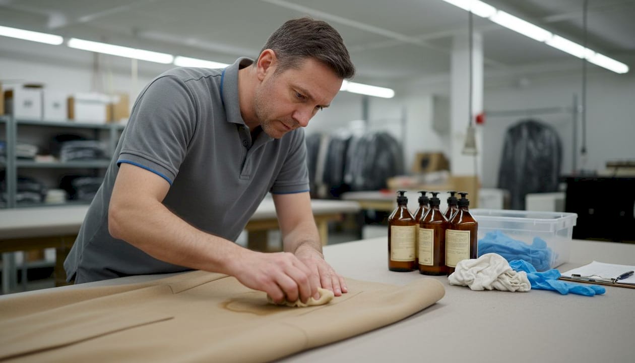 Dry cleaner removes stain from wool coat