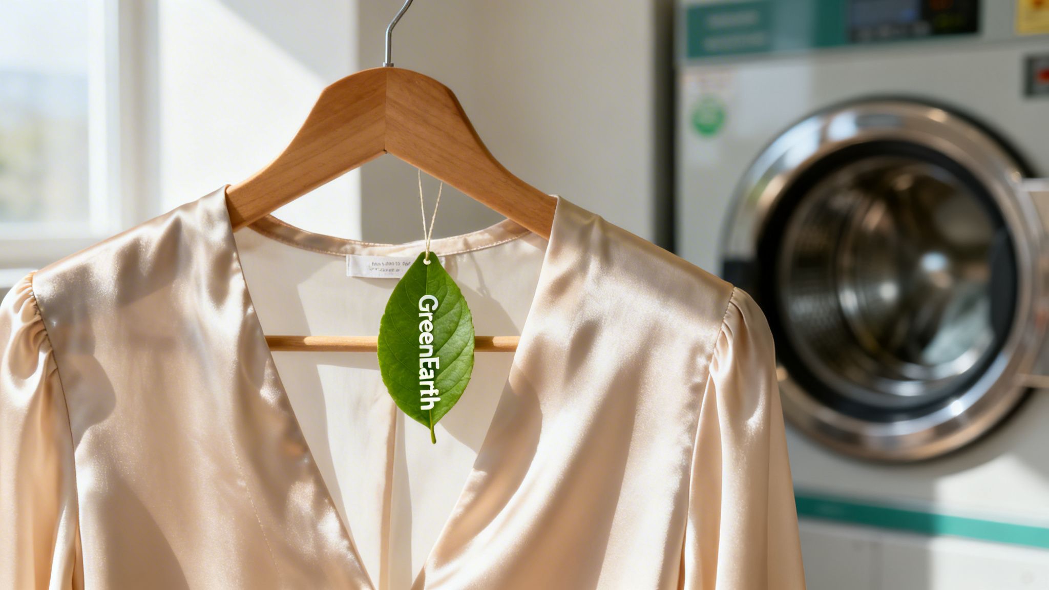 A sustainable silk blouse with a 'GreenEarth' leaf tag hangs on a wooden hanger in a laundry room.