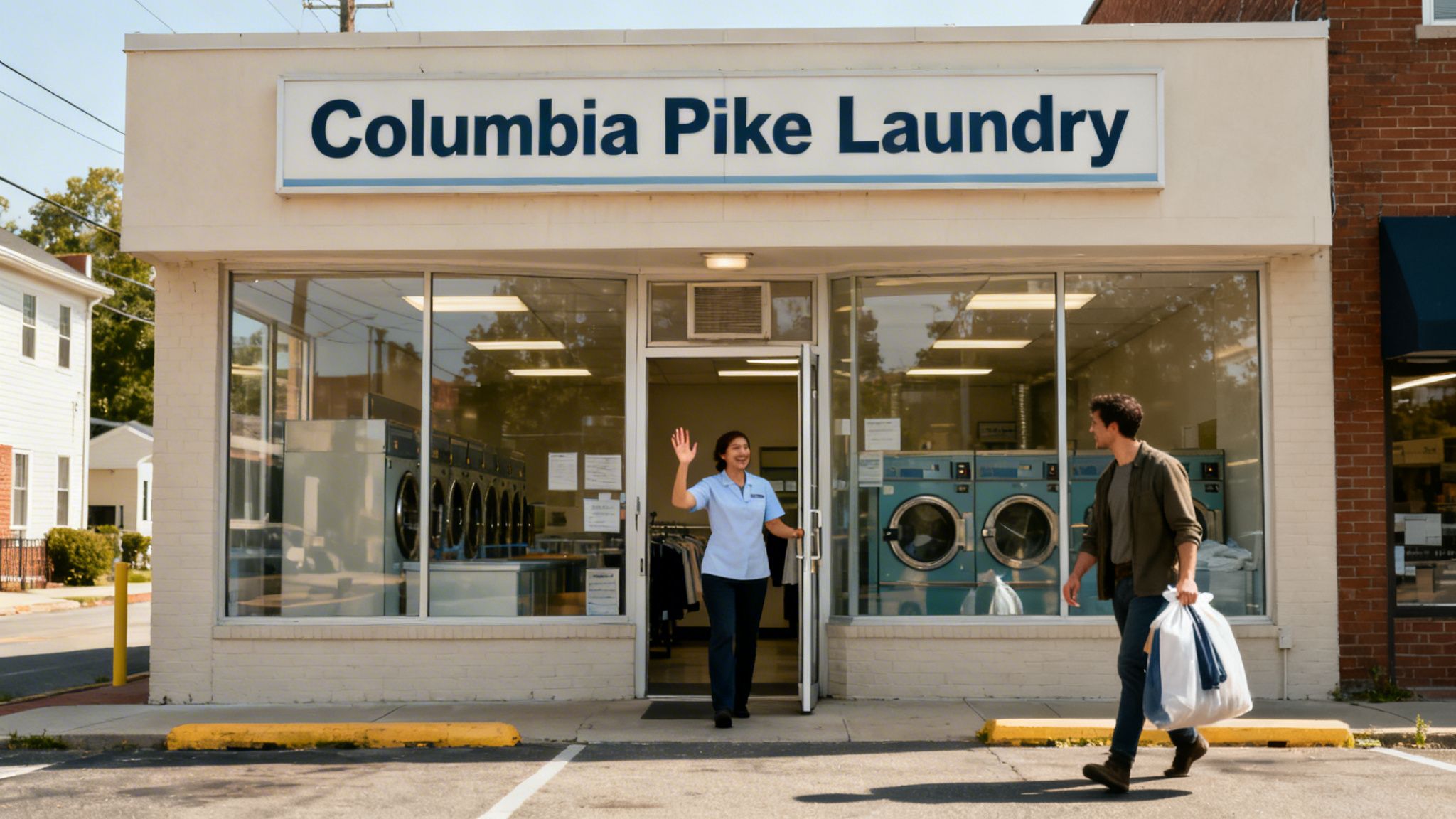 A woman waves from a laundry entrance as a man carries a bag of clothes past the Columbia Pike Laundry sign.