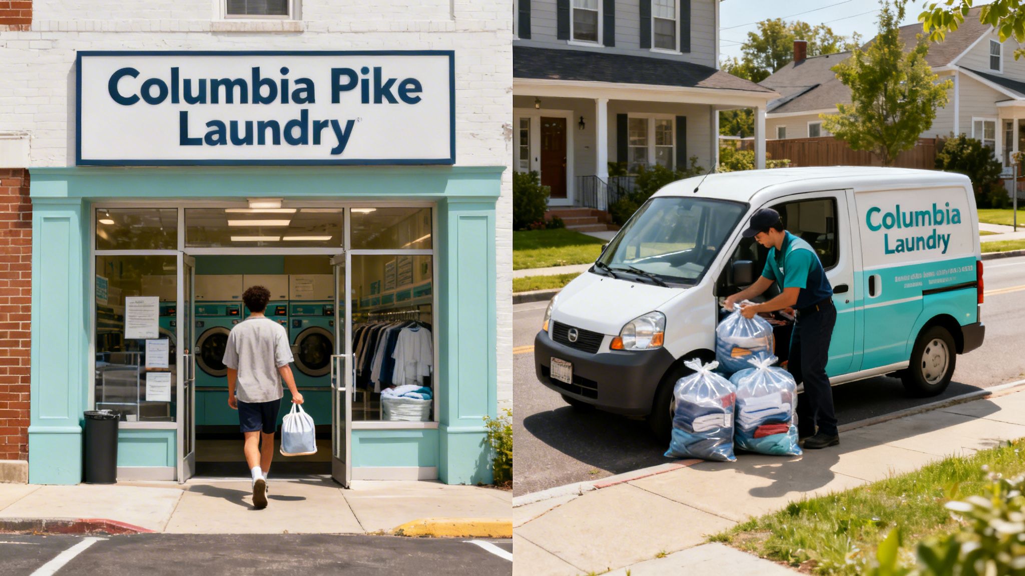 A split image showing a laundry storefront with a person entering and a delivery driver loading laundry bags.
