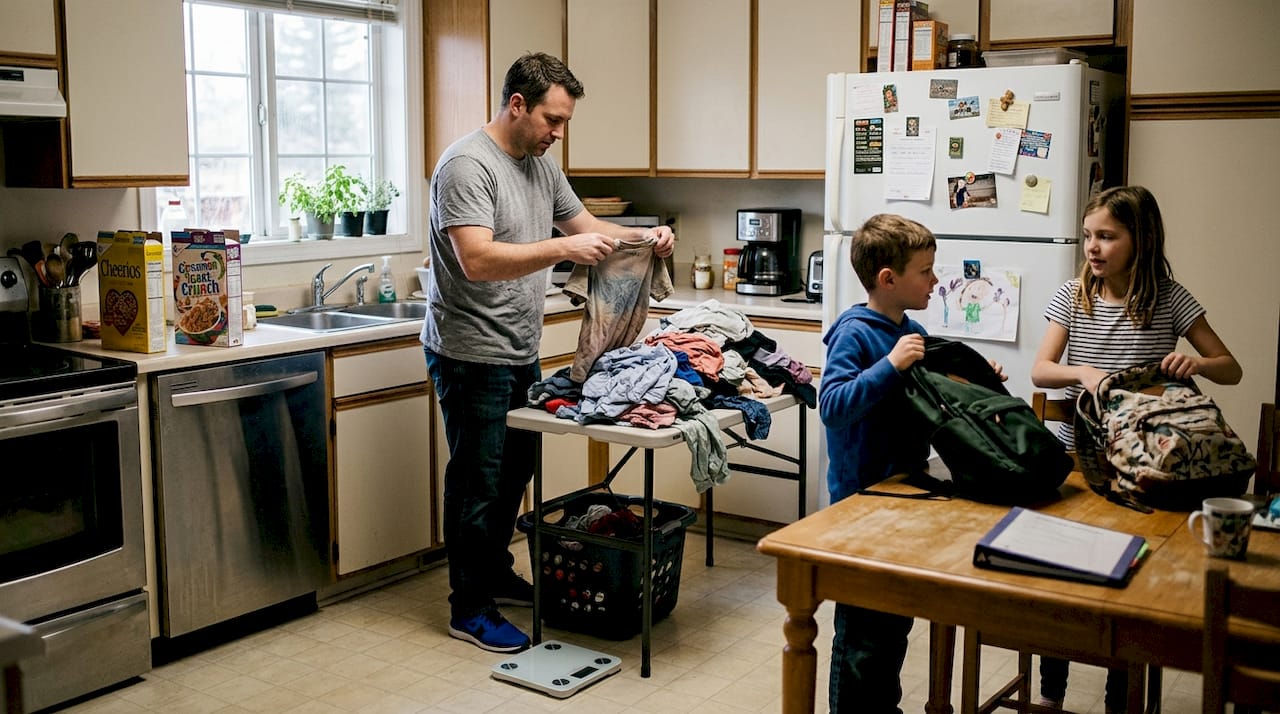 Parent sorting laundry in busy kitchen