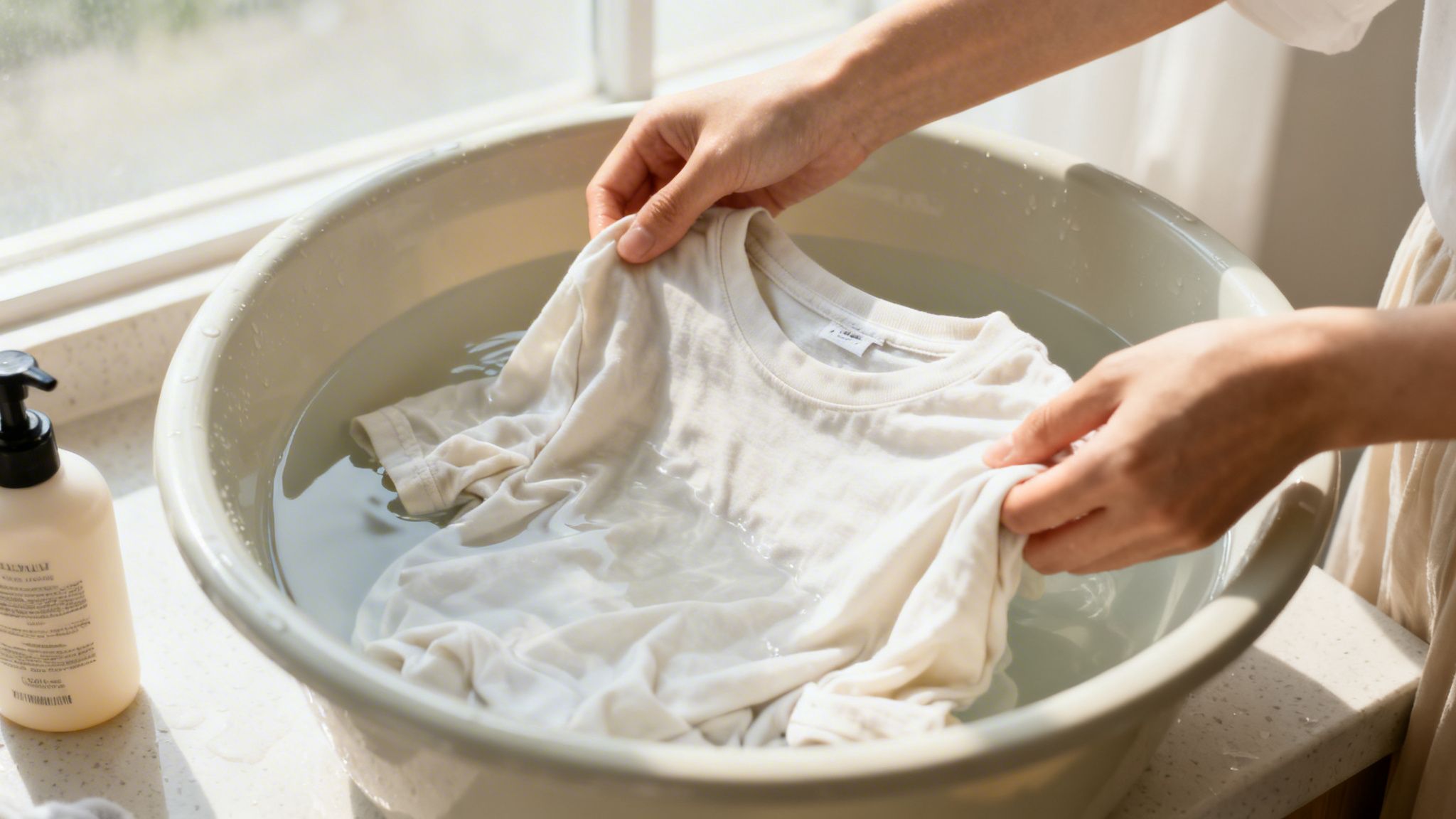A person gently hand washing a white t-shirt in a bowl of water near a window.