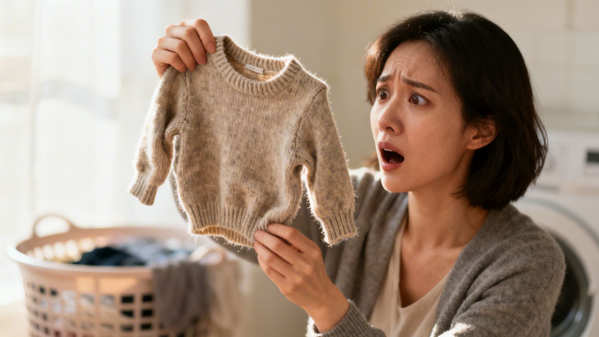 A concerned woman holding a tiny shrunken sweater after washing it in a laundry room.