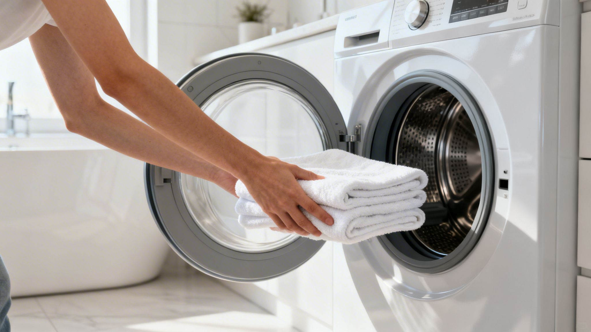 A person placing a stack of clean white folded towels into a white front-load washing machine.