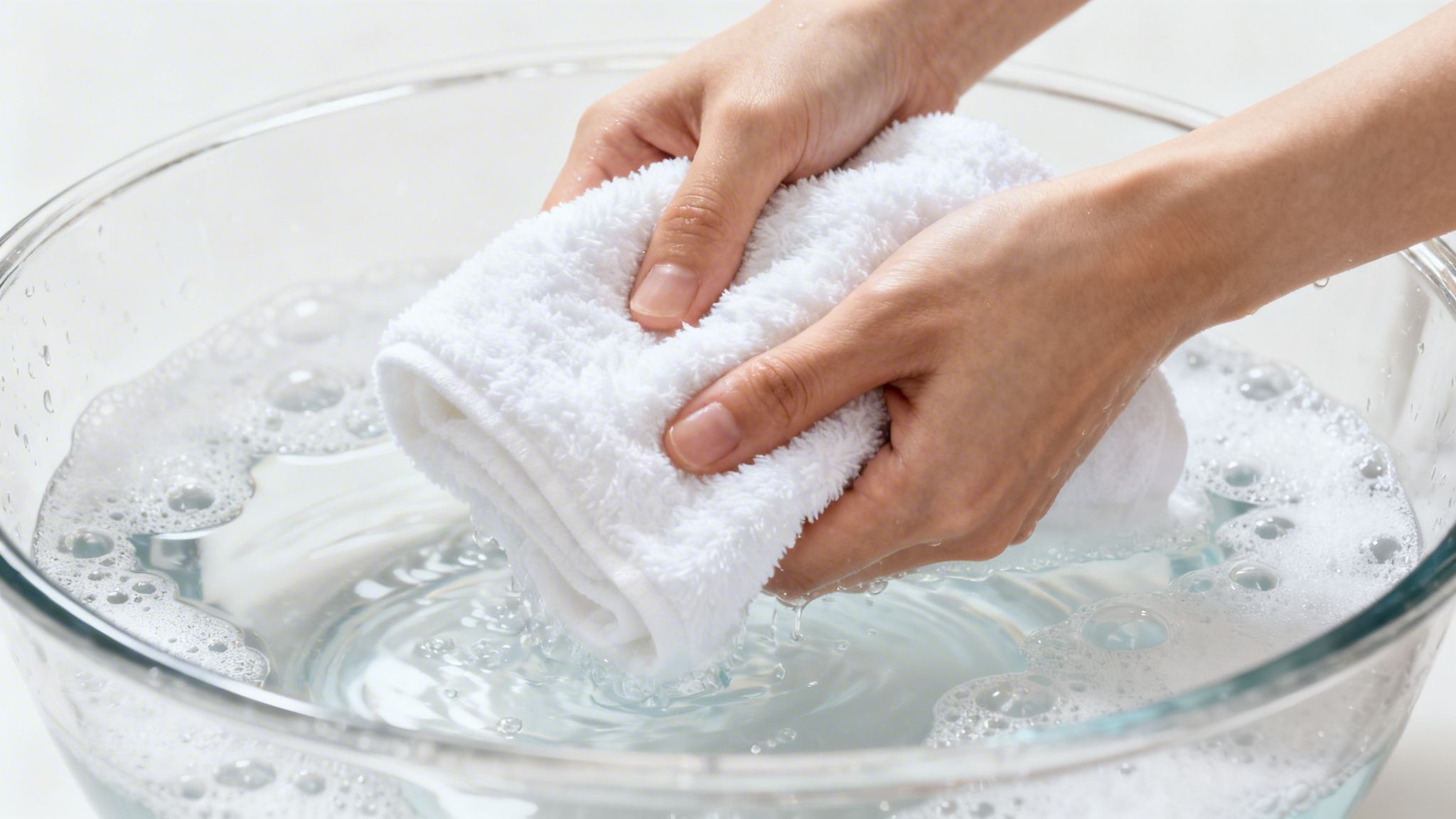 A close-up view of a person washing a soft white towel in a glass bowl with soapy water.