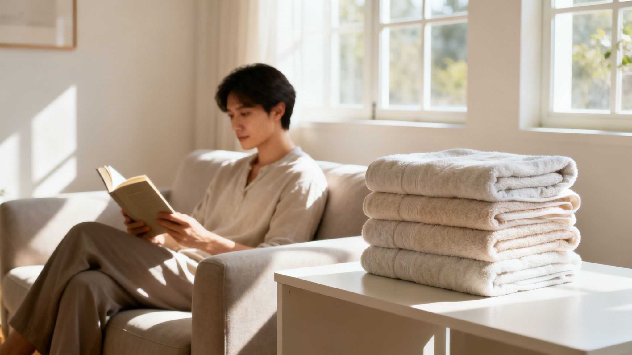 A young man reading a book on a couch beside a stack of clean folded towels
