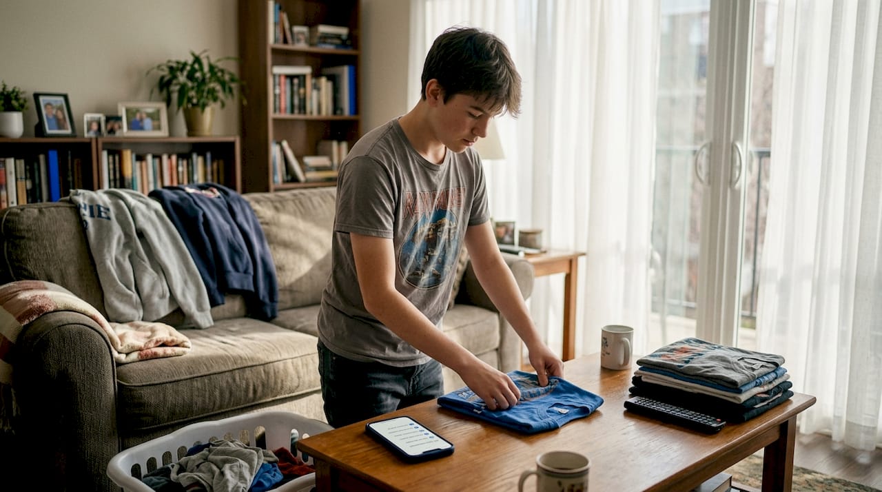Teen boy folding laundry in apartment