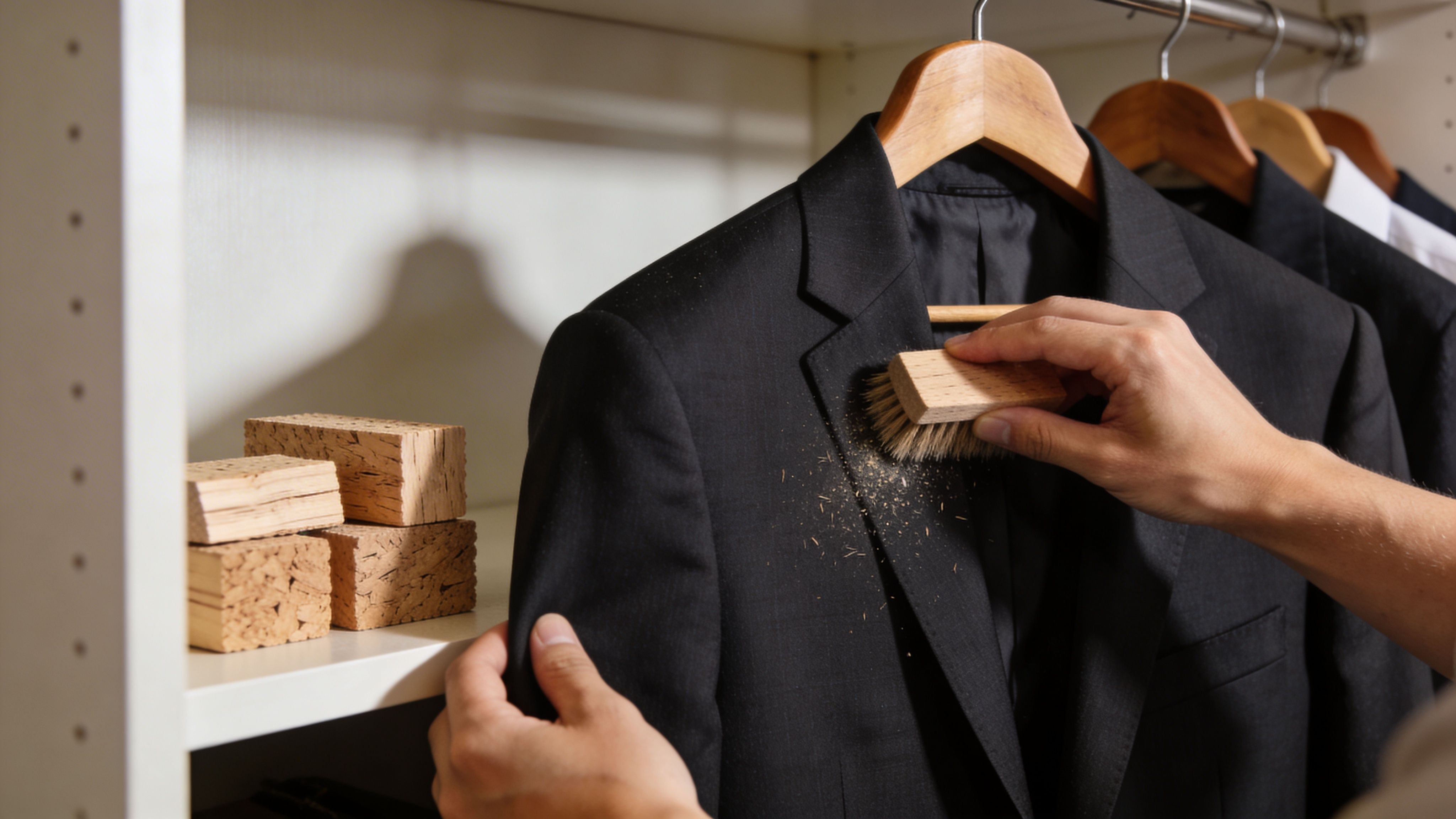 A person using a small wooden brush to clean dust off a black suit jacket in a closet.