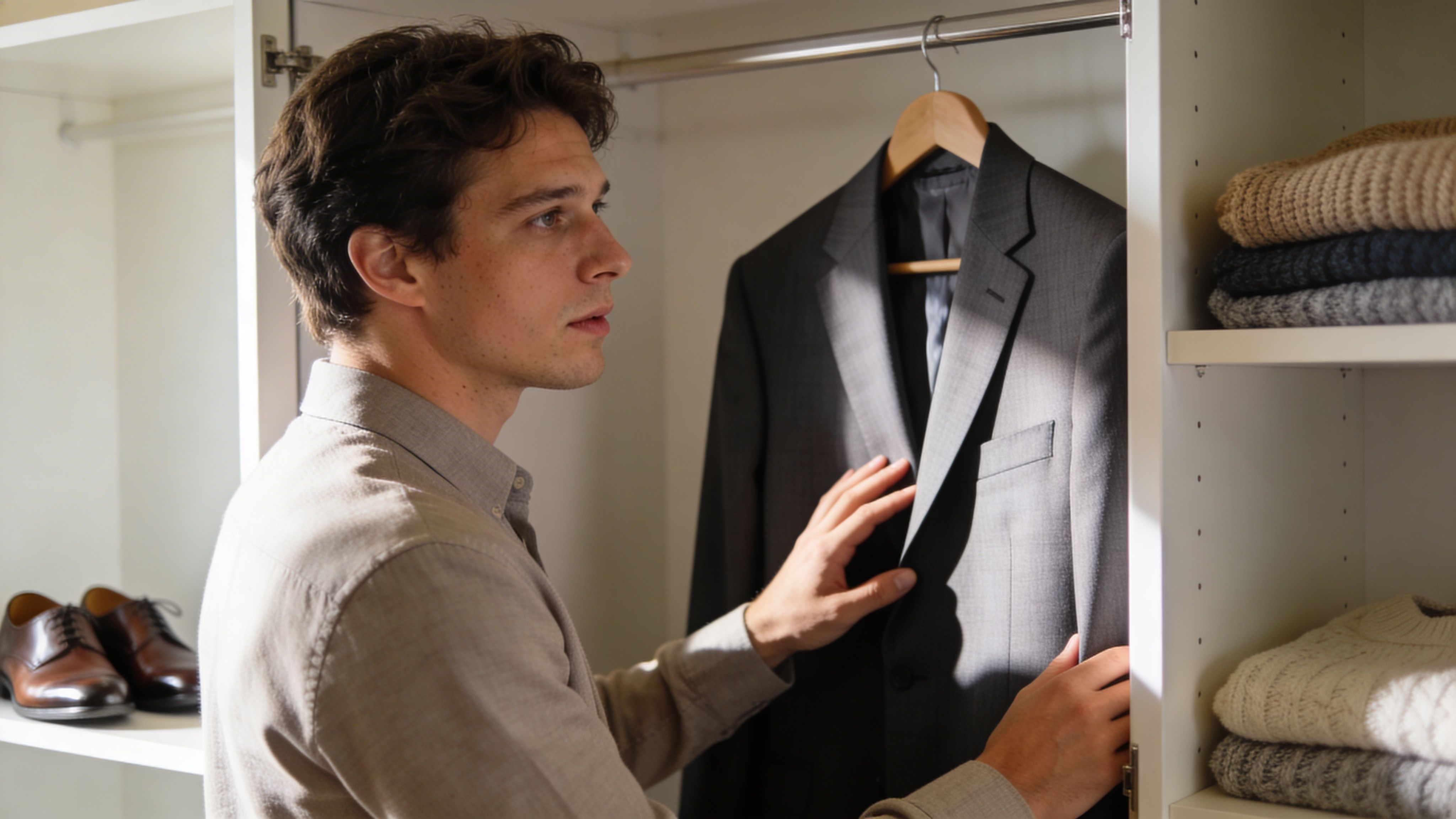 A young man carefully examines a grey suit jacket hanging in his organized closet wardrobe.