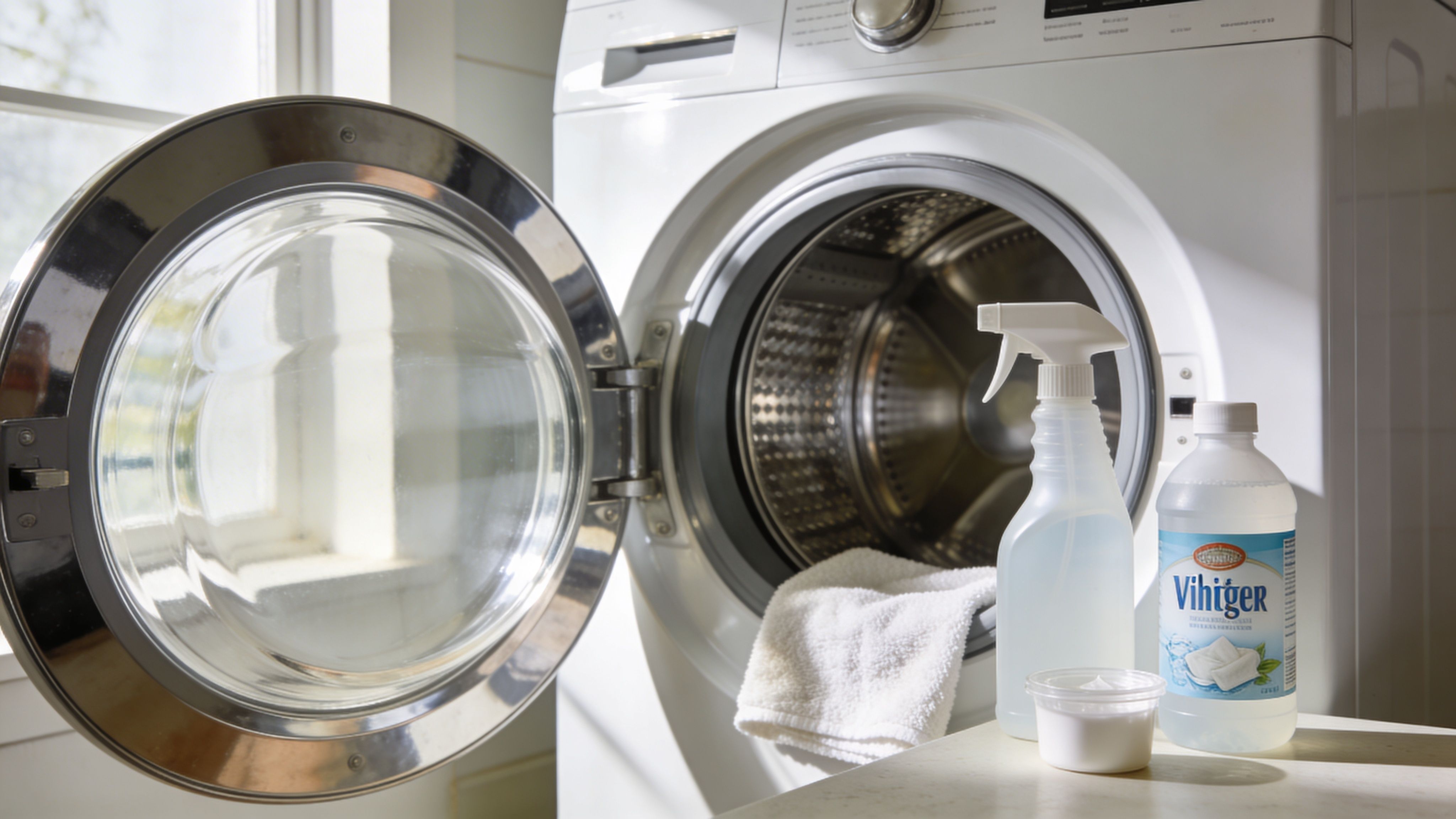 A washing machine with its door open, featuring cleaning supplies including a spray bottle and cleaning paste.