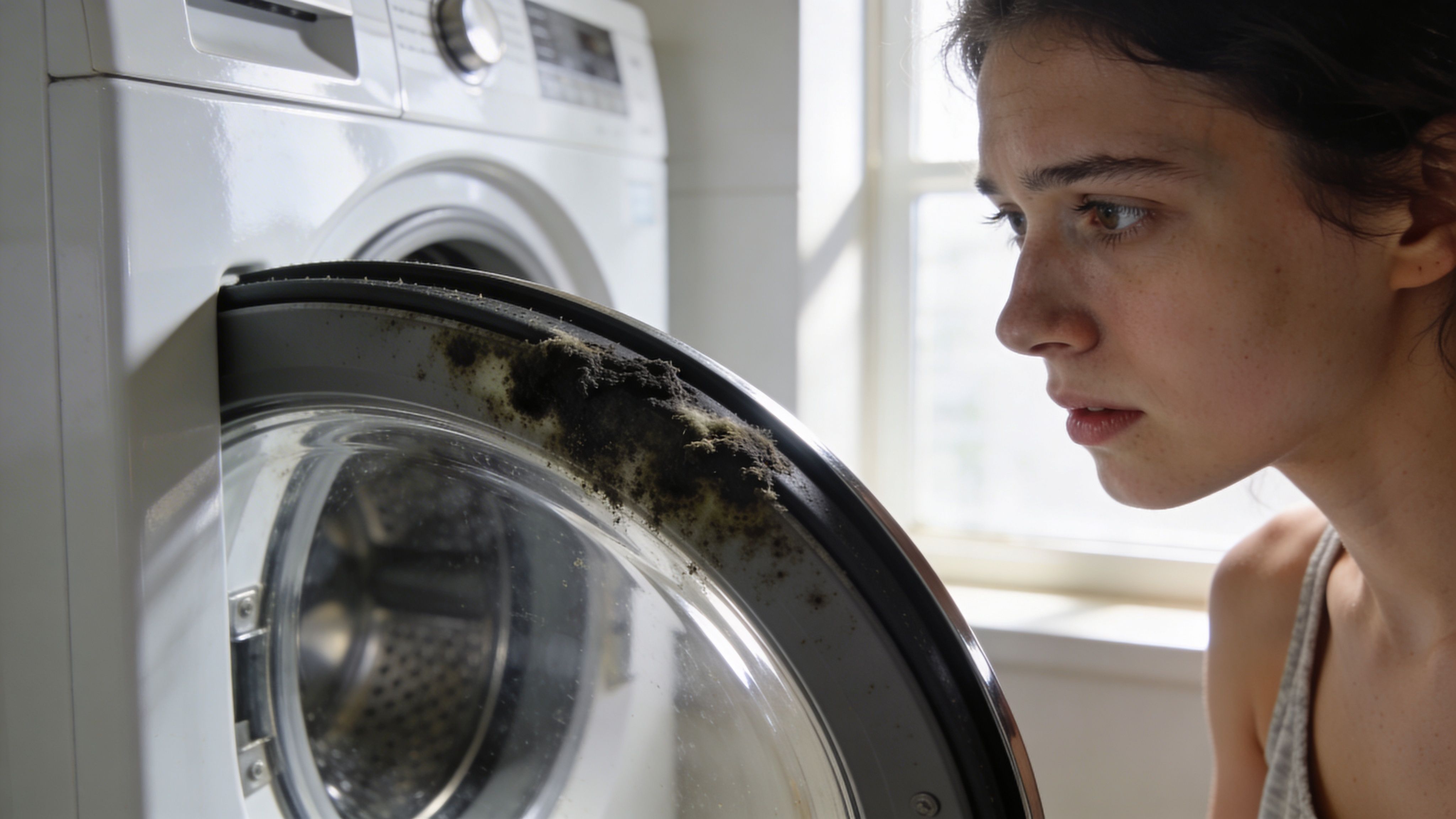 A concerned woman looks at mold growth on the rubber gasket of her washing machine door.