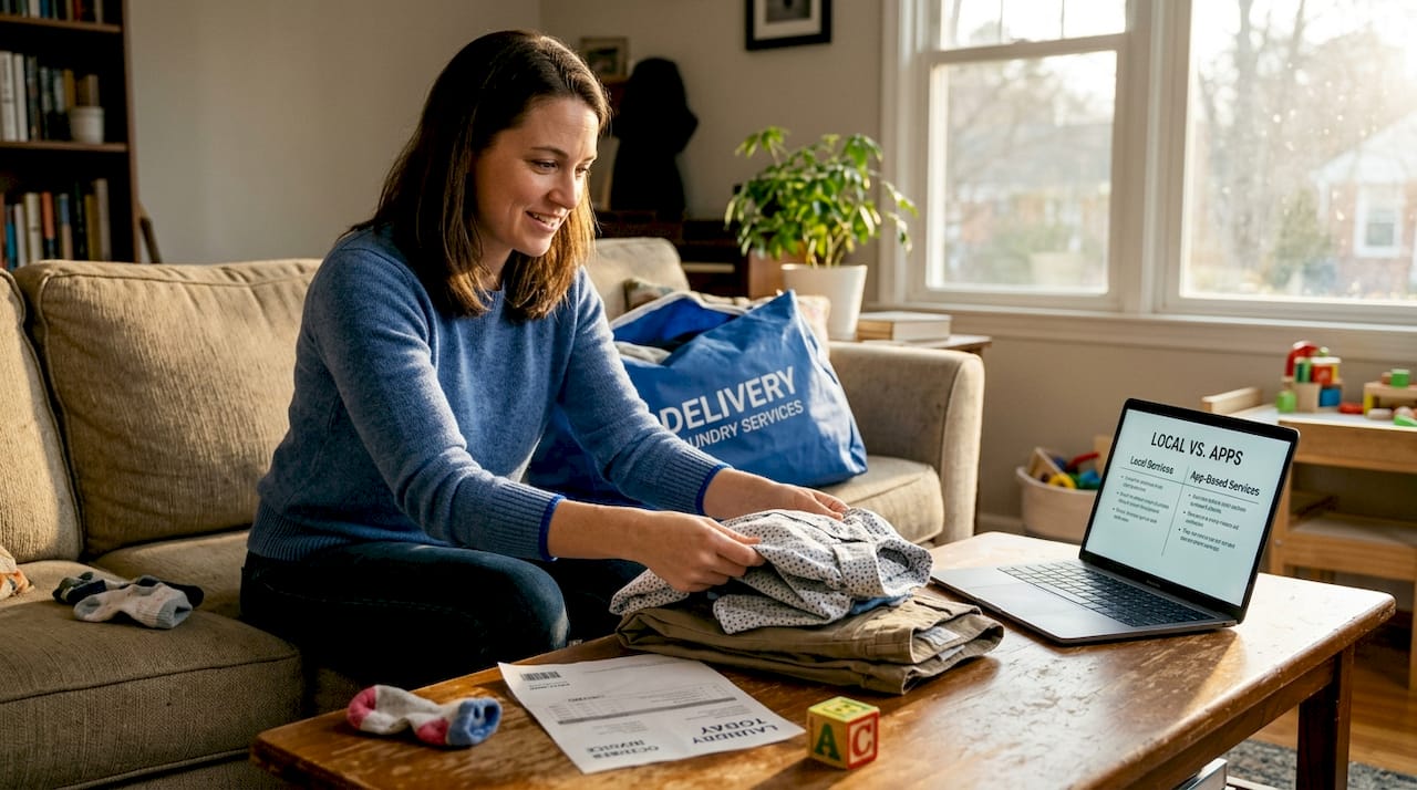 Parent sorting laundry delivery with comparison chart