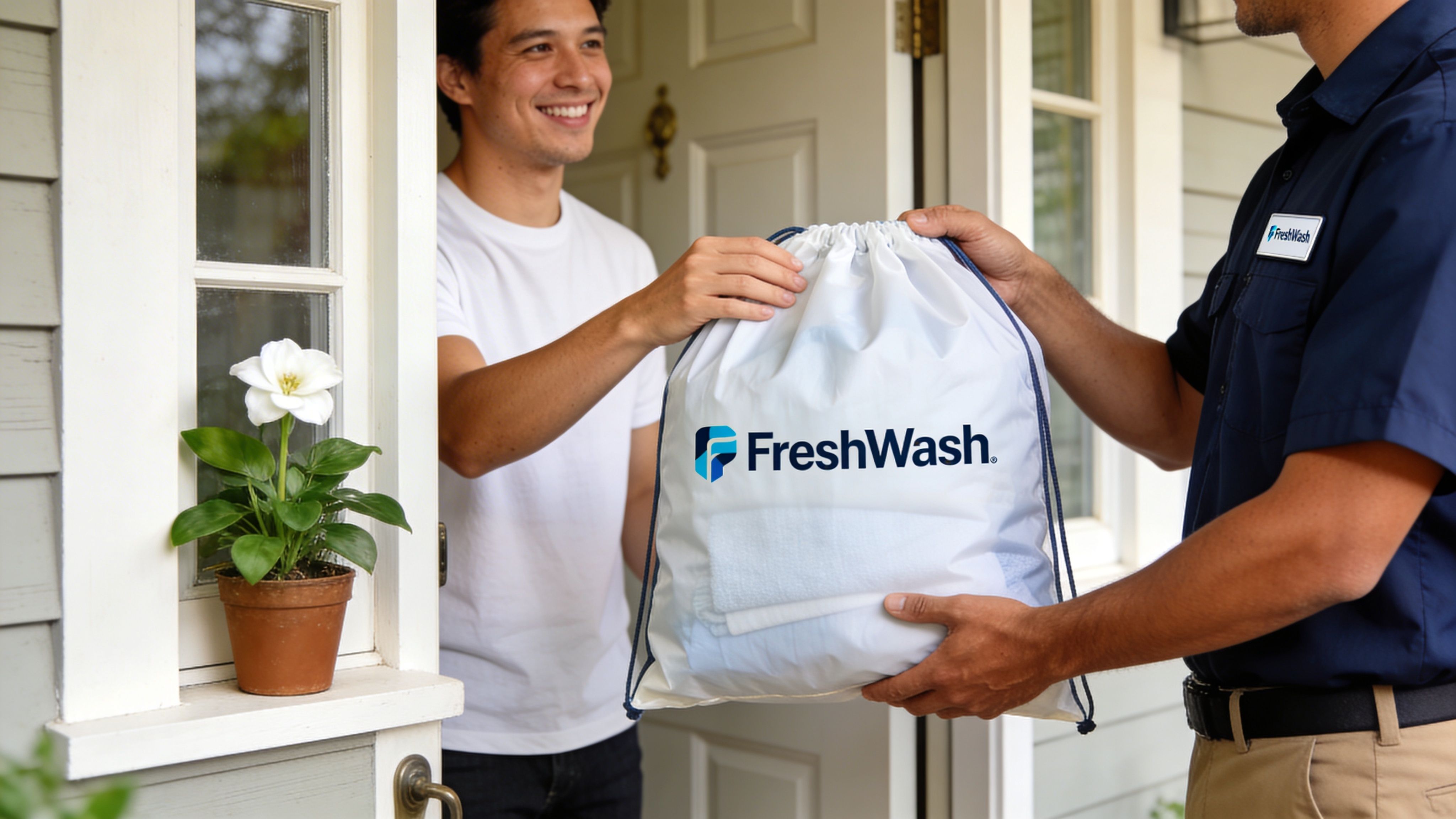A friendly delivery person handing a FreshWash laundry bag to a smiling customer at their front door.