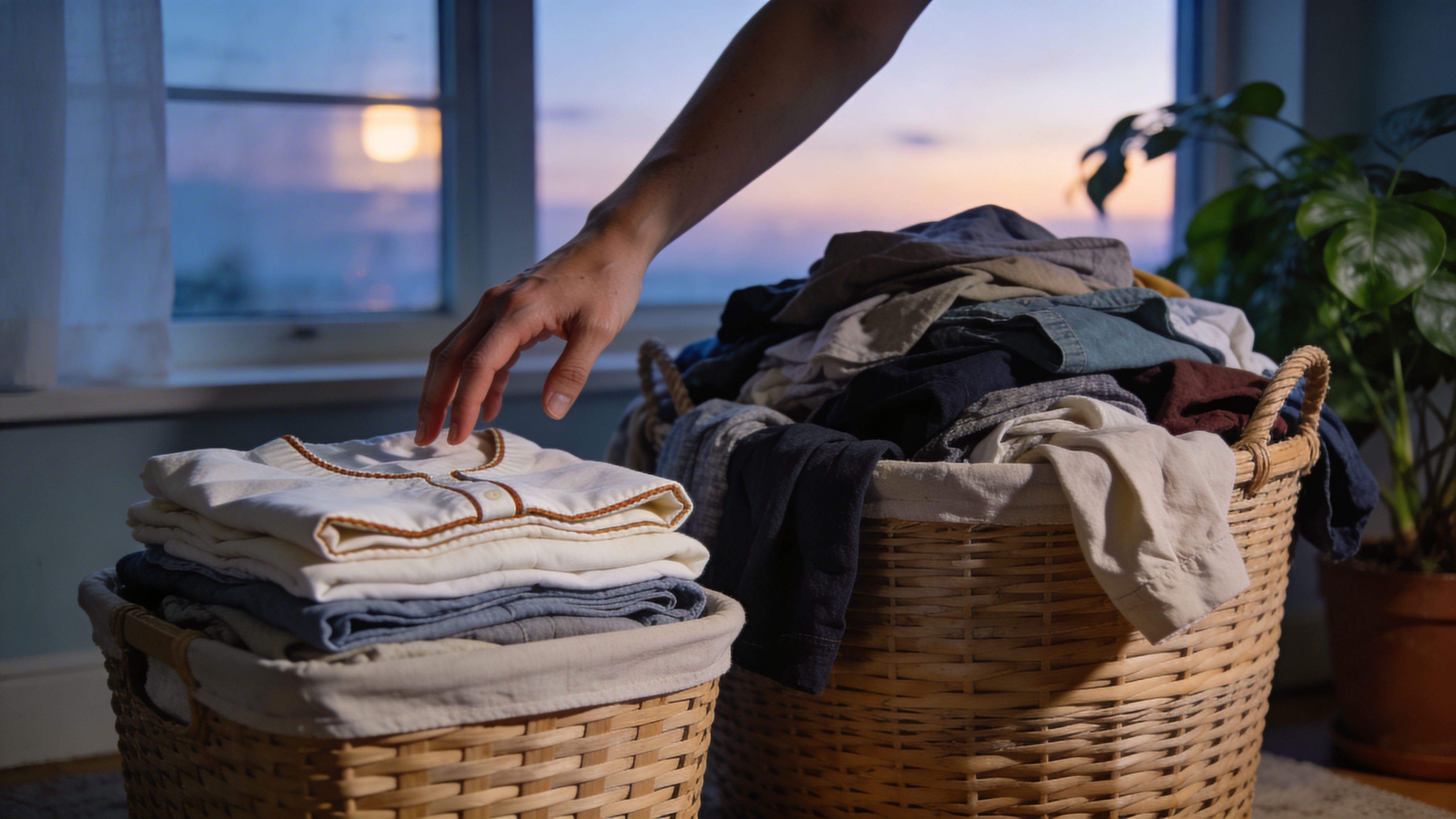 A person organizing a stack of clean laundry next to a basket filled with clothes at sunset.