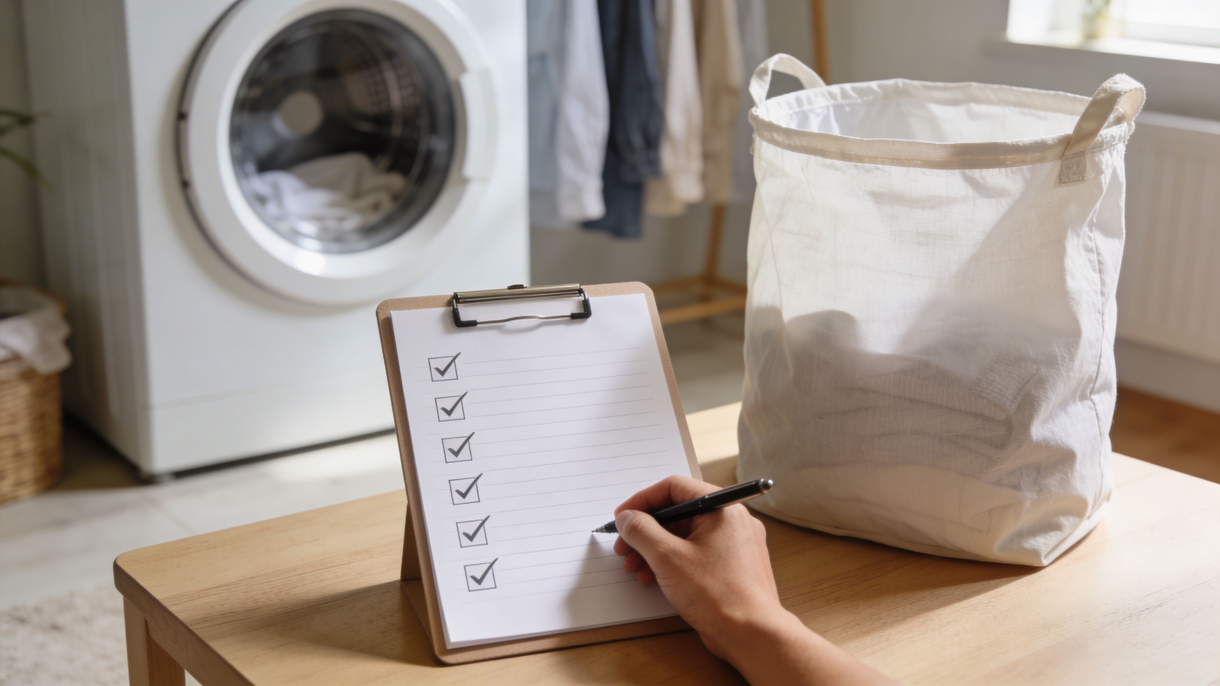A person marks a checklist on a clipboard next to a laundry basket and washing machine.