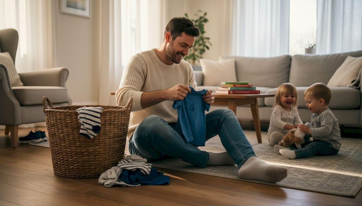 Parent folding children’s clothes in living room