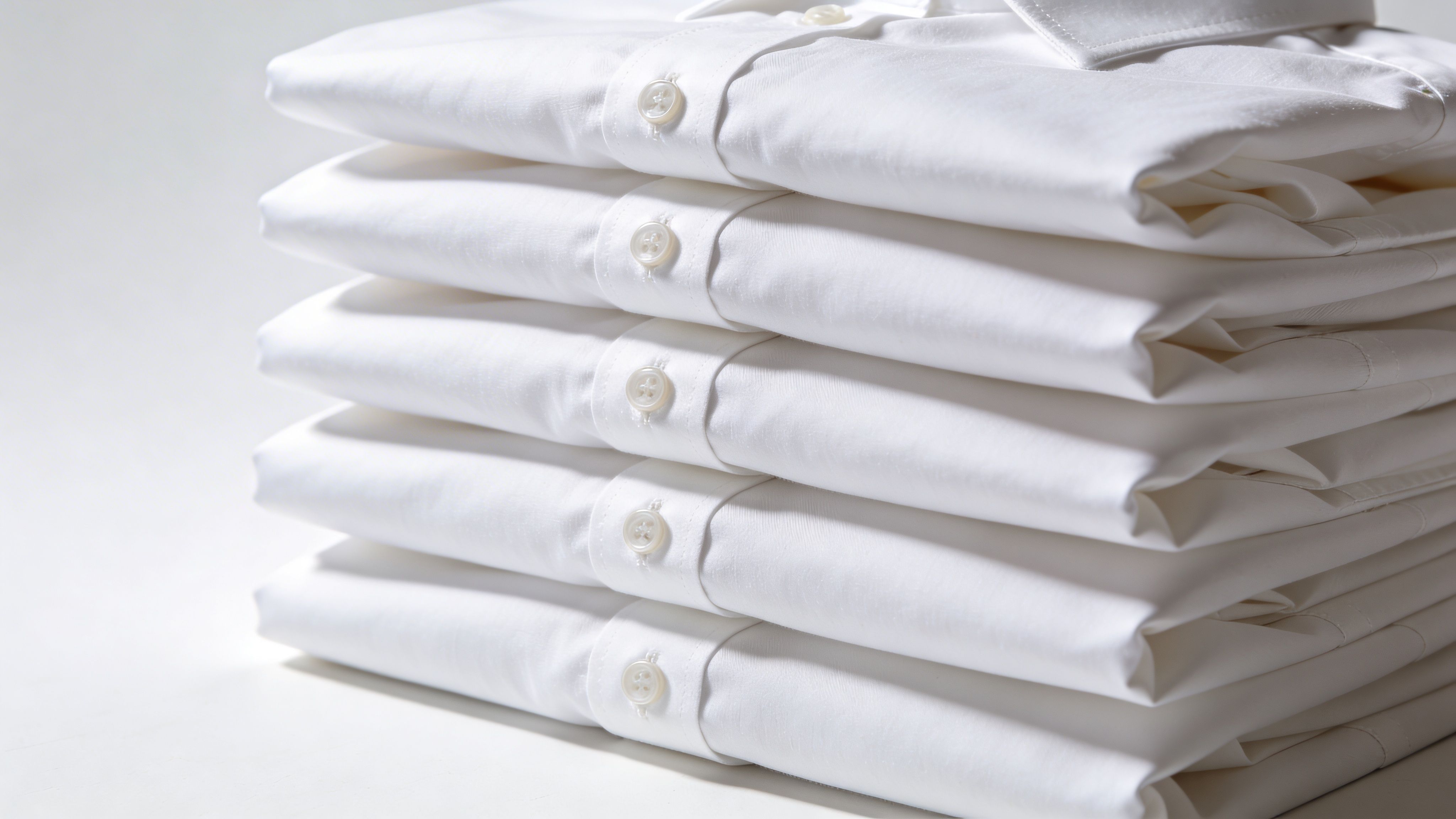 A stack of five crisp, neatly folded white dress shirts arranged vertically on a clean white surface.