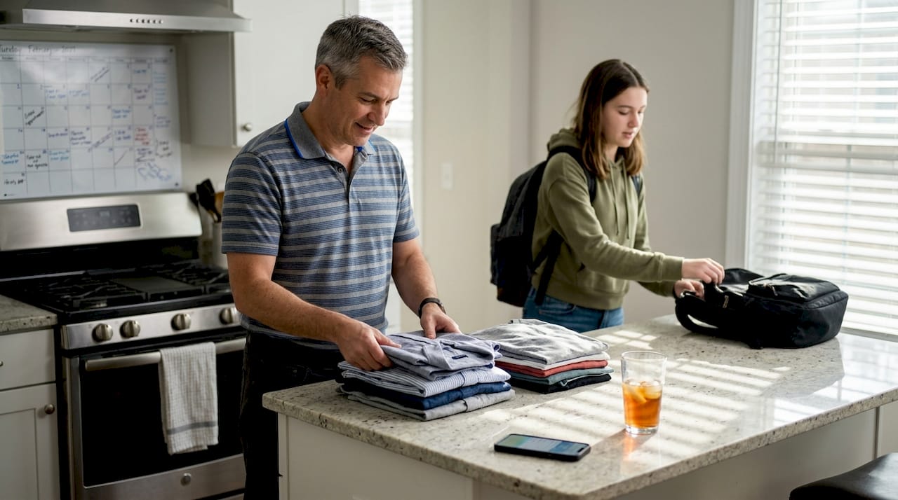Family sorting clean laundry in Arlington kitchen