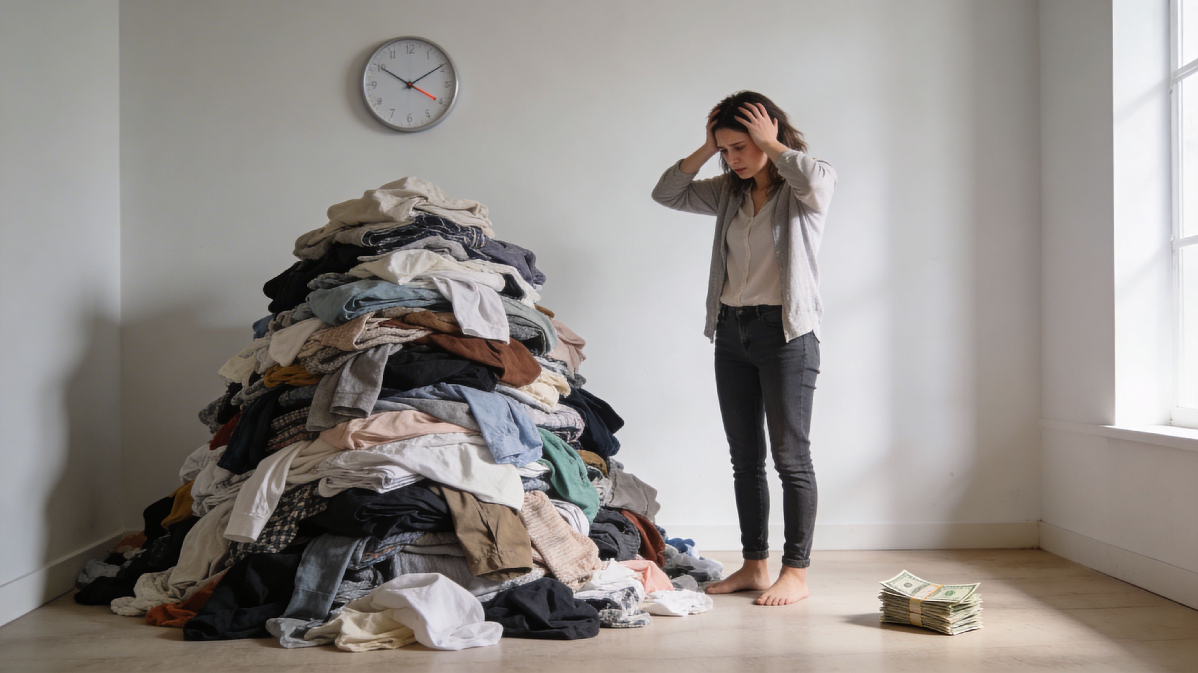 A stressed woman stands barefoot next to a large pile of laundry with cash on the floor.