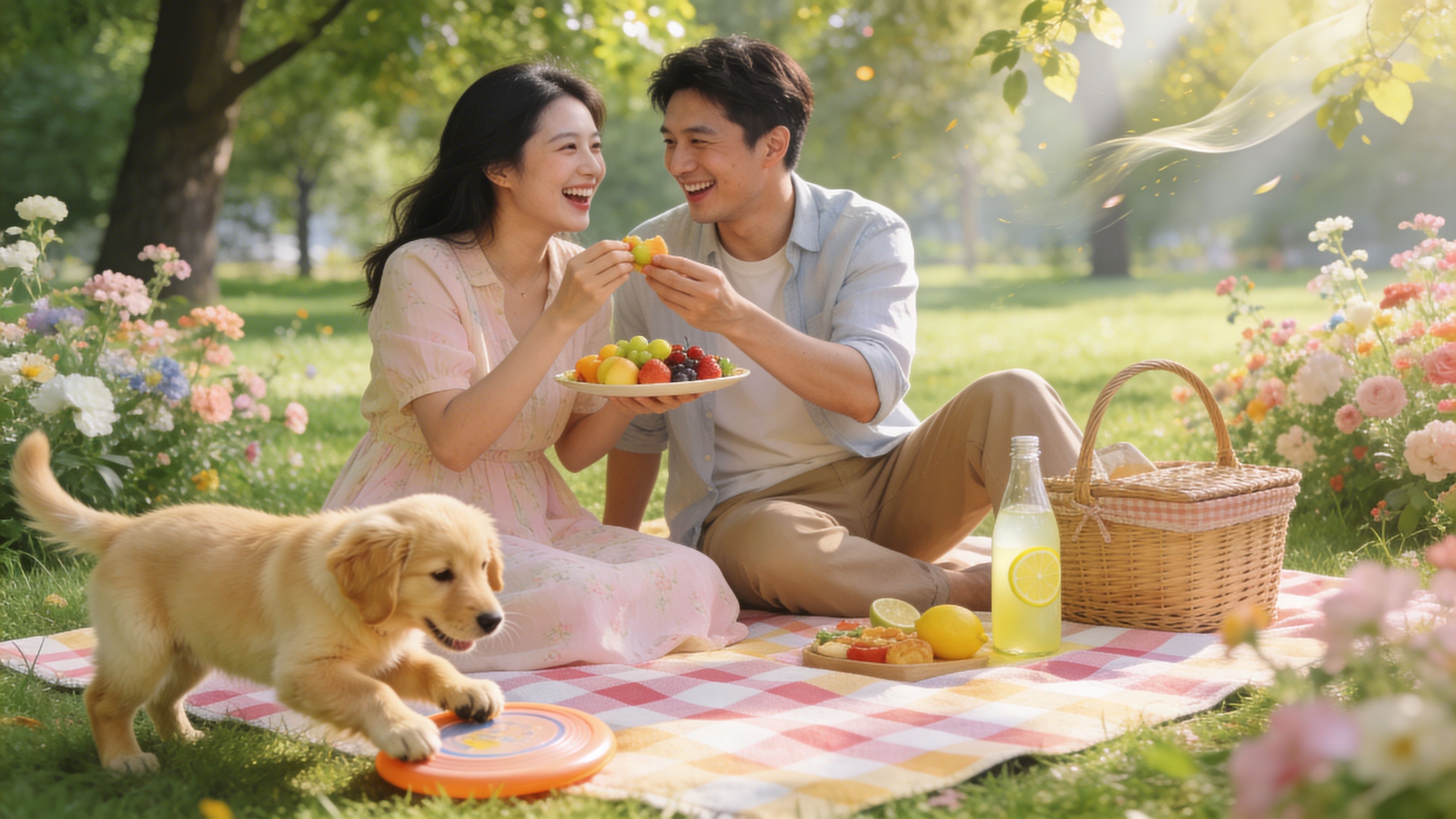 A happy couple enjoying a picnic in a sunny park with their playful golden retriever puppy.
