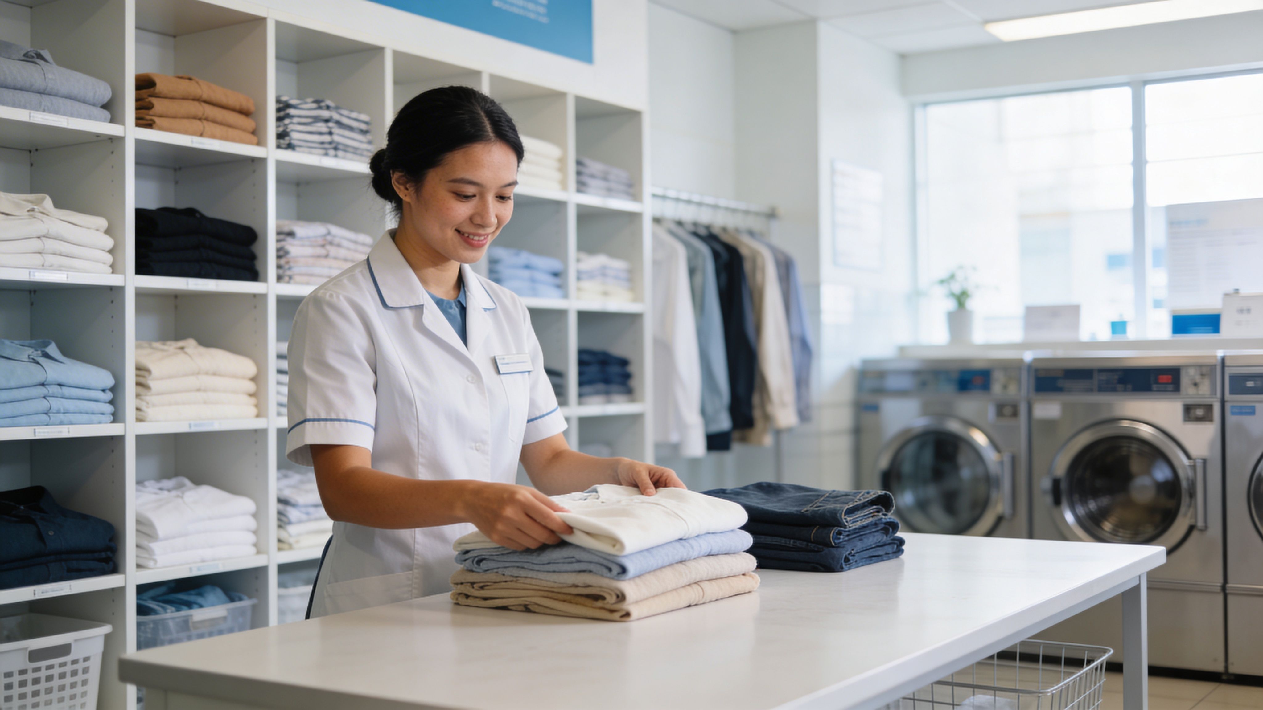 A friendly worker in a white uniform smiling while folding laundry in a clean, professional laundromat.