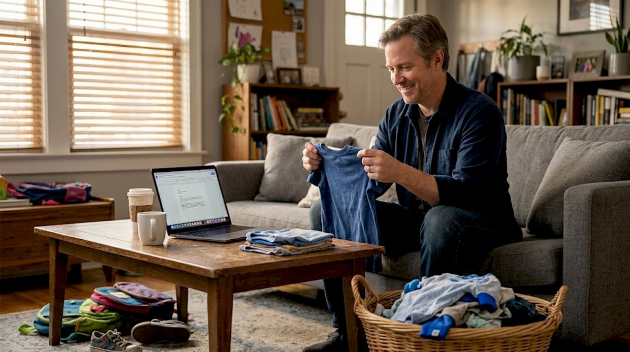 Parent folding laundry multitasking at home