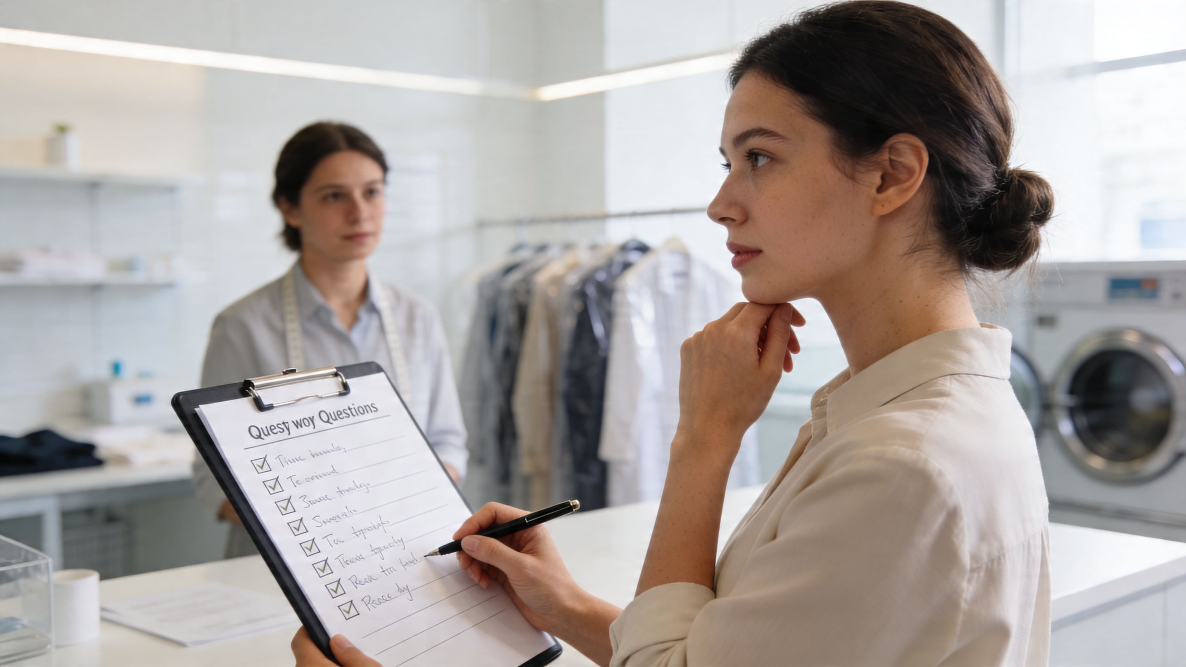 A woman reviewing a laundry service checklist while consulting with a dry cleaning store employee indoors.