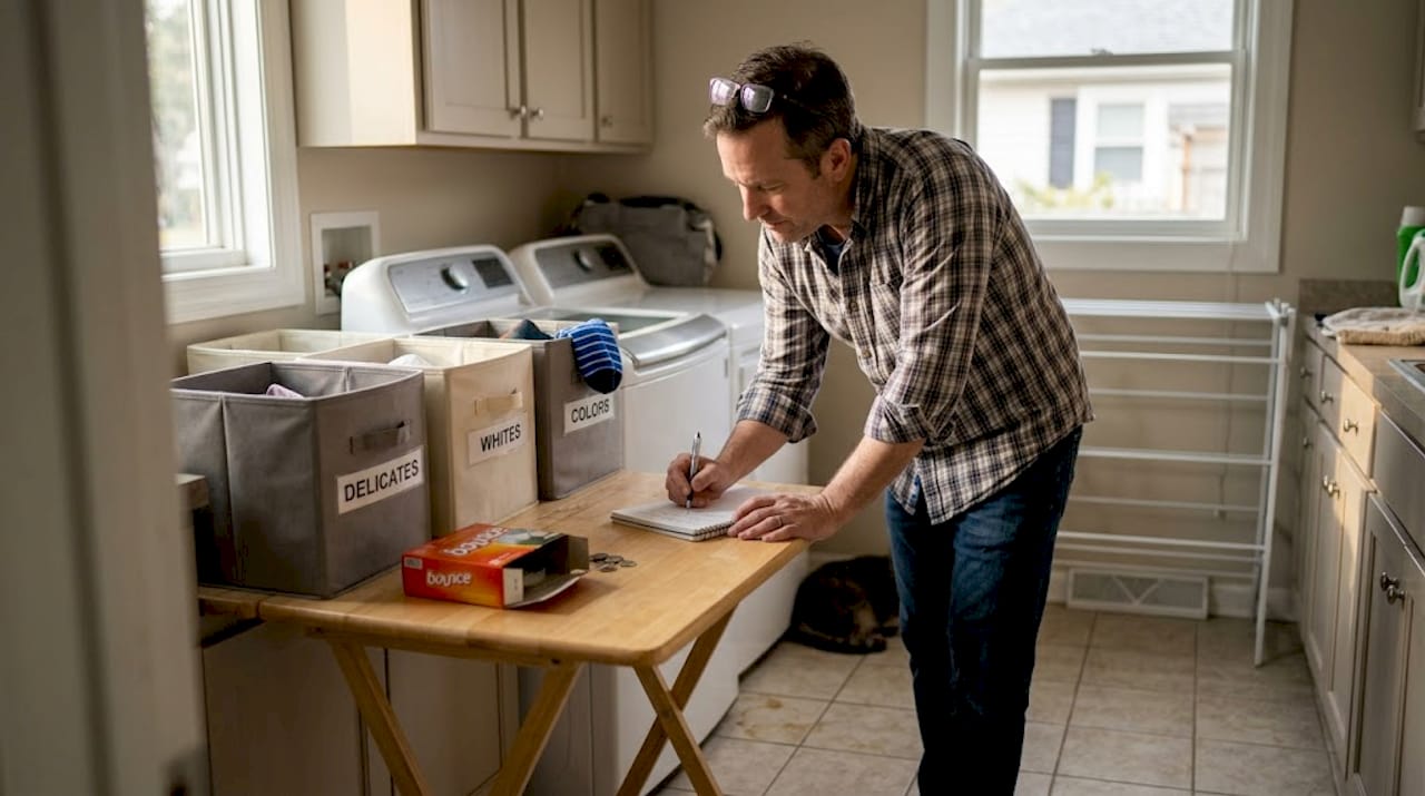 Man noting laundry preferences in laundry room