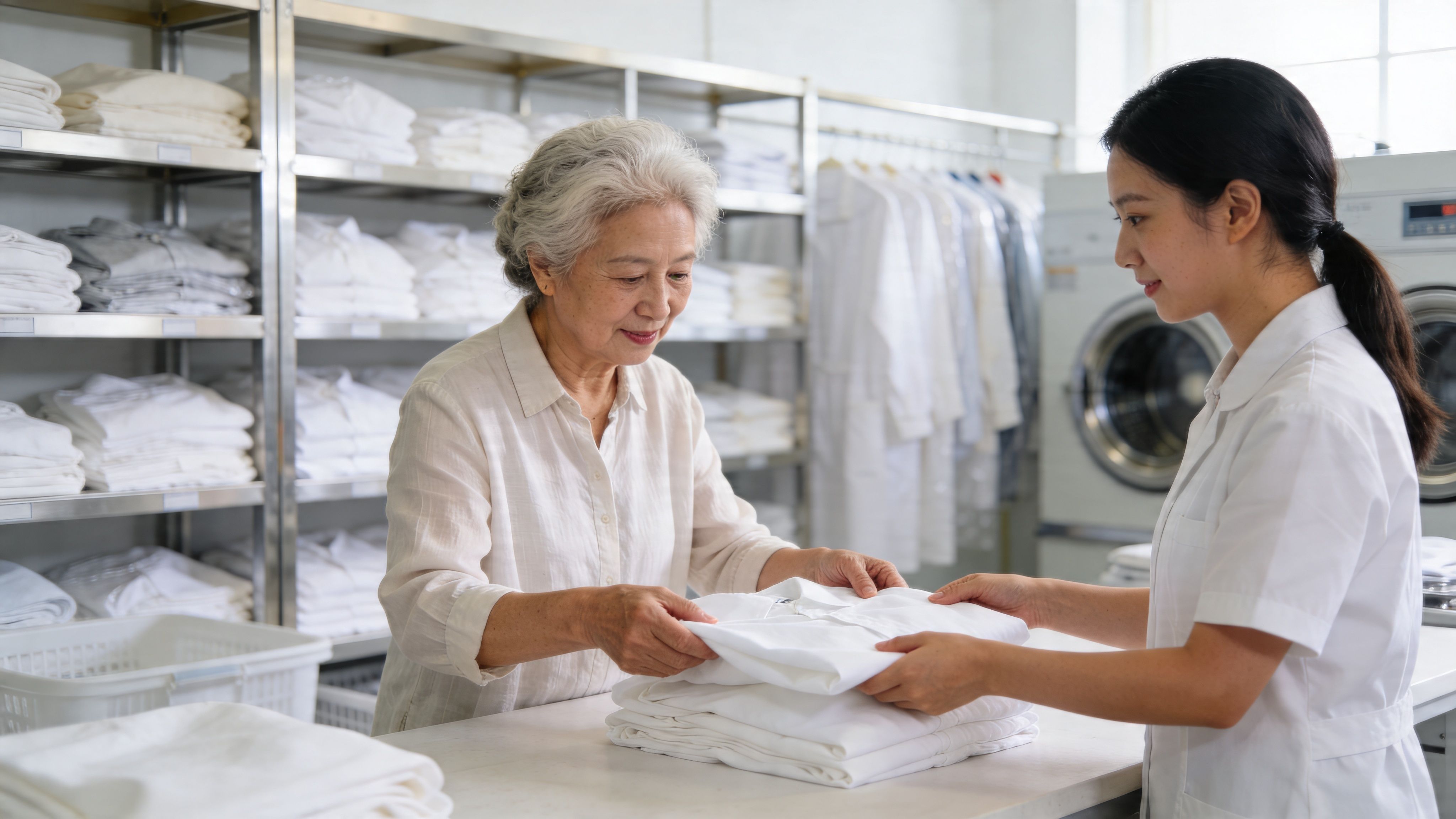 A friendly staff member and an elderly customer folding fresh white laundry at an express laundry service.