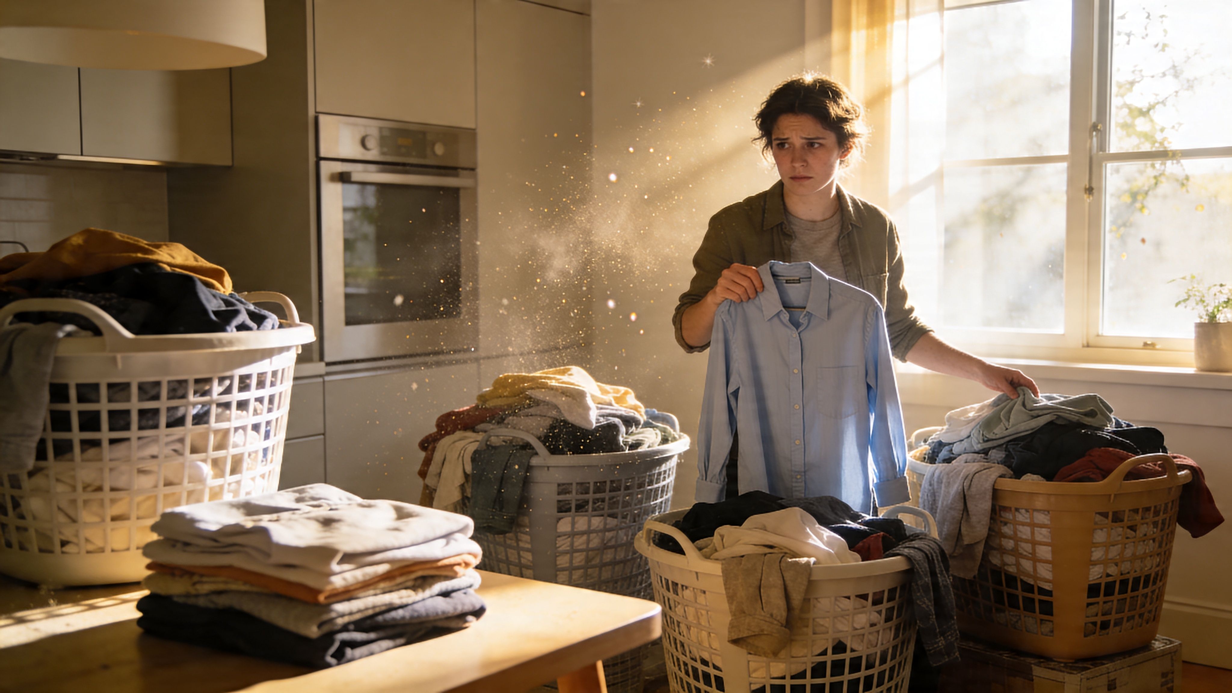 A woman looks stressed while sorting through piles of laundry in a sunlit home kitchen.