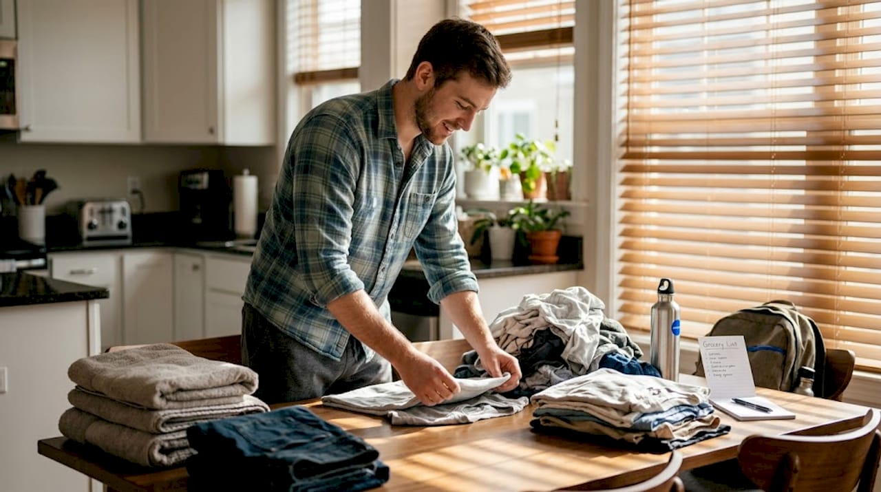 Man sorting laundry by fabric weight